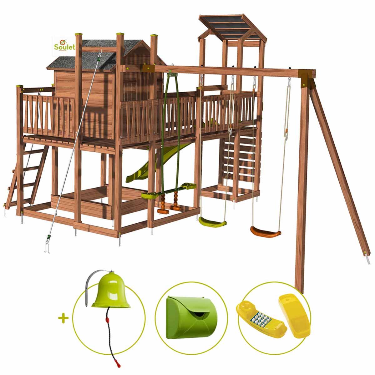 Soulet Aire De Jeux Pour Enfant Maisonnette Avec Portique Et Mur D Escalade Cottage Funny Et Son Kit D Accessoire Maisonen Bois Pour Particulier Leroy Merlin