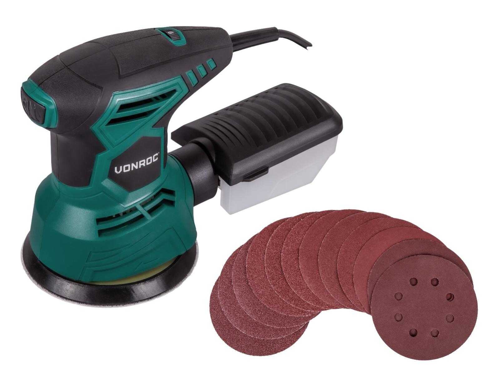 Vonroc Ponceuse Orbitale 300w O 125mm Double Action Mouvements Excentriques 12 Feuilles Abrasives Inclus Leroy Merlin