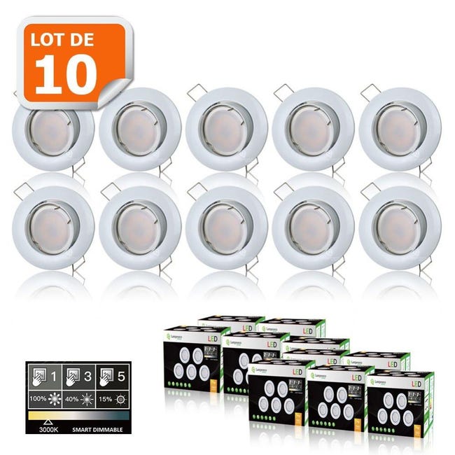 10 Spots Led Dimmable Sans Variateur 7w Eq 56w Blanc Chaud Orientable Finition Blanc Leroy Merlin