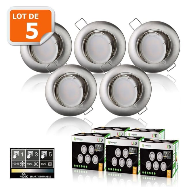 5 Spots Led Dimmable Sans Variateur 7w Eq 56w Blanc Neutre Orientable Alu Brosse Leroy Merlin