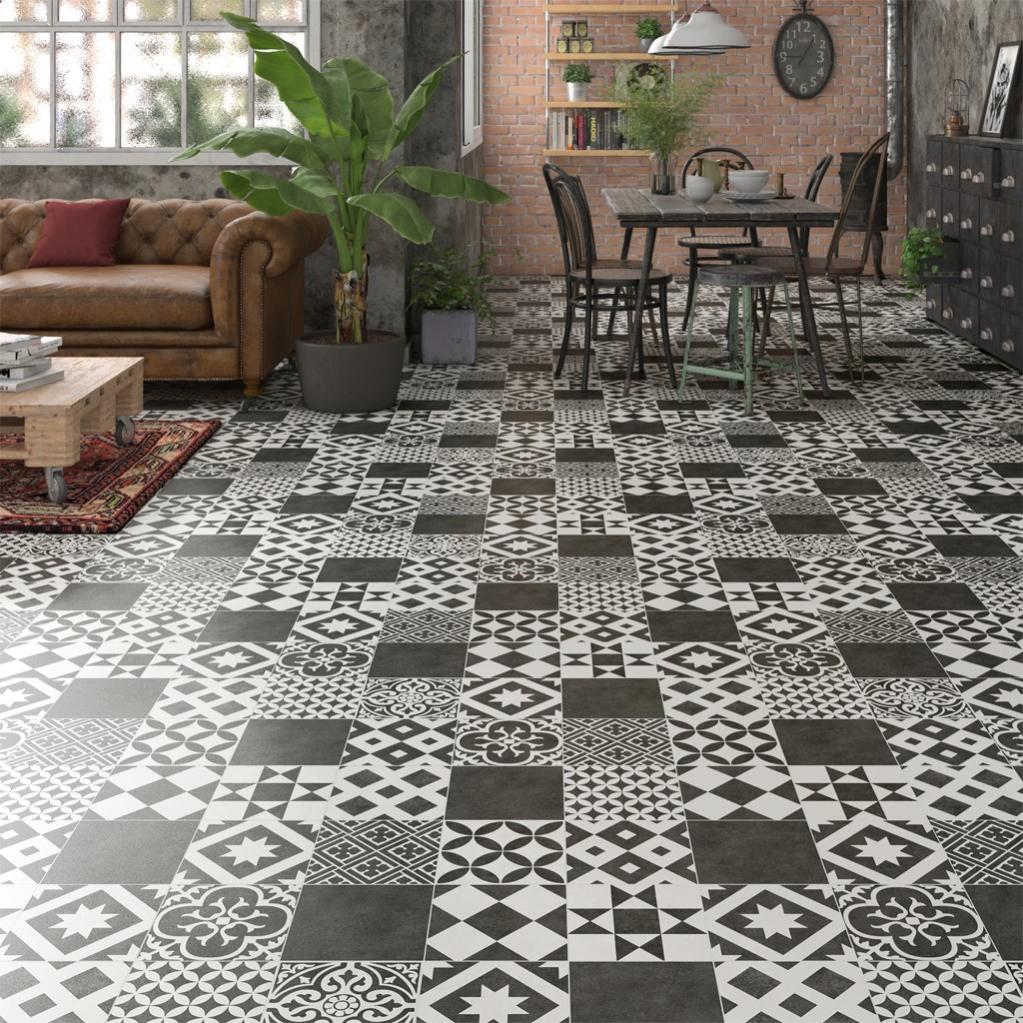 Dalle Pvc Adhesive Sol Carreaux De Ciment Sol PVC effet carreau de ciment gatsby noir l.4 m | Leroy Merlin