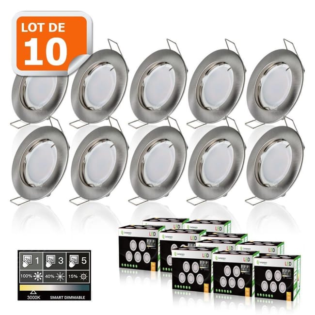 10 Spots Led Dimmable Sans Variateur 7w Eq 56w Blanc Chaud Finition Alu Brosse Leroy Merlin