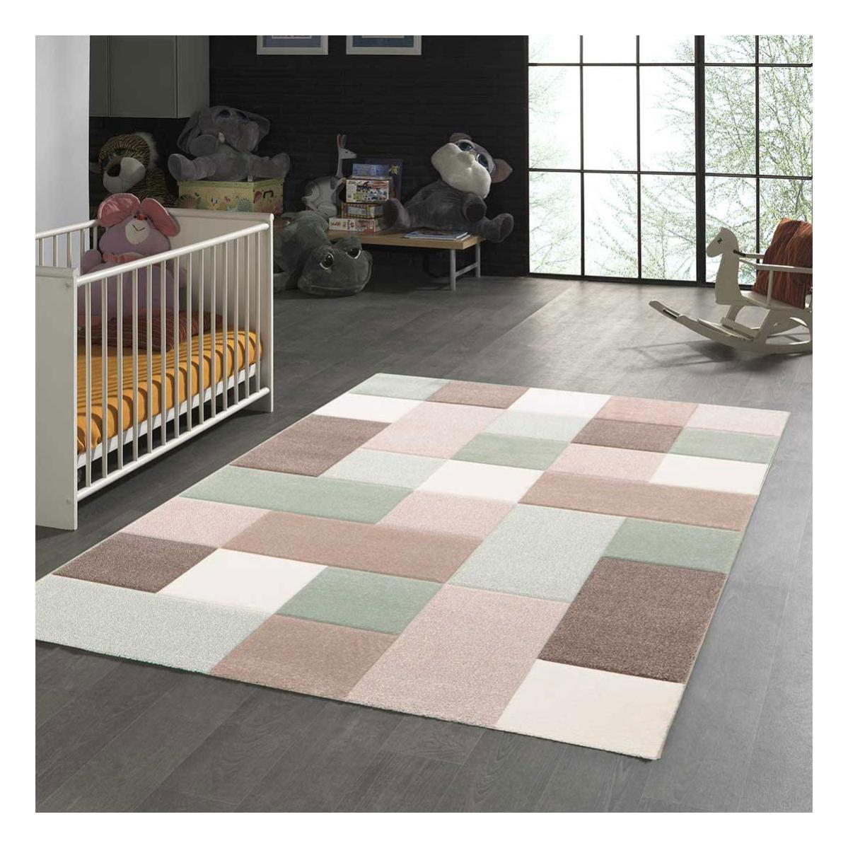  Tapis  Enfant  80x150 Cm Rectangulaire Pastel  Carreau Vert 