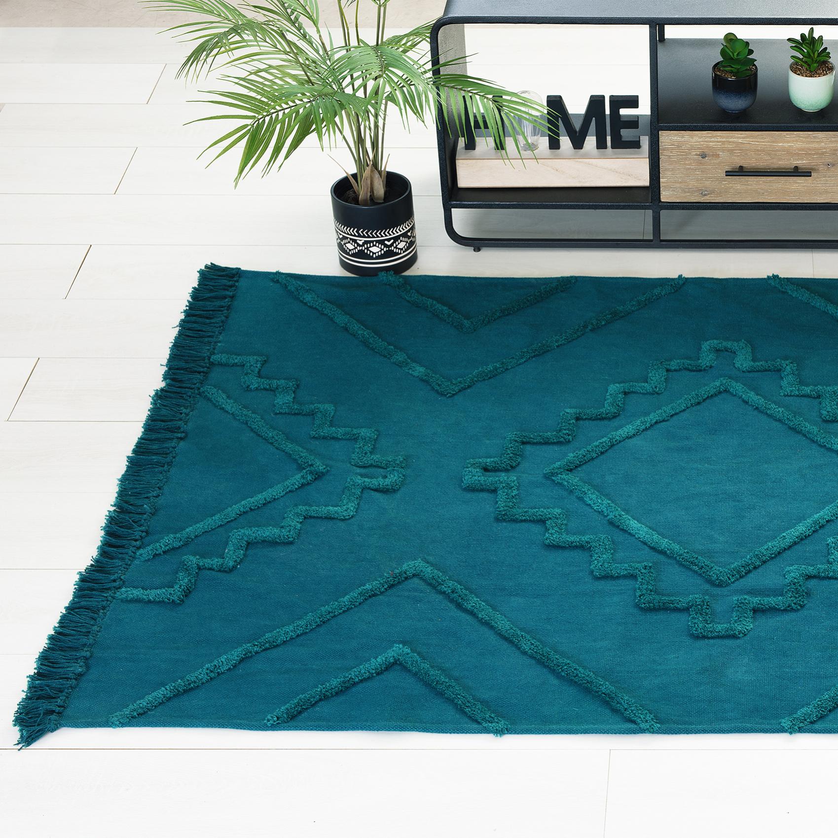  Tapis Motif Ethnique  Franges Bleu Canard 120 X 170 