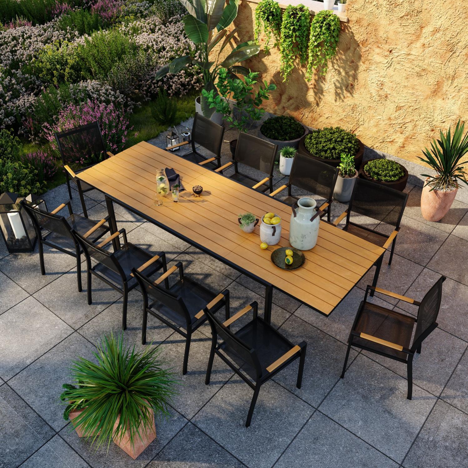 Table De Jardin Extensible Aluminium Noir 200/300cm + 10 Fauteuils