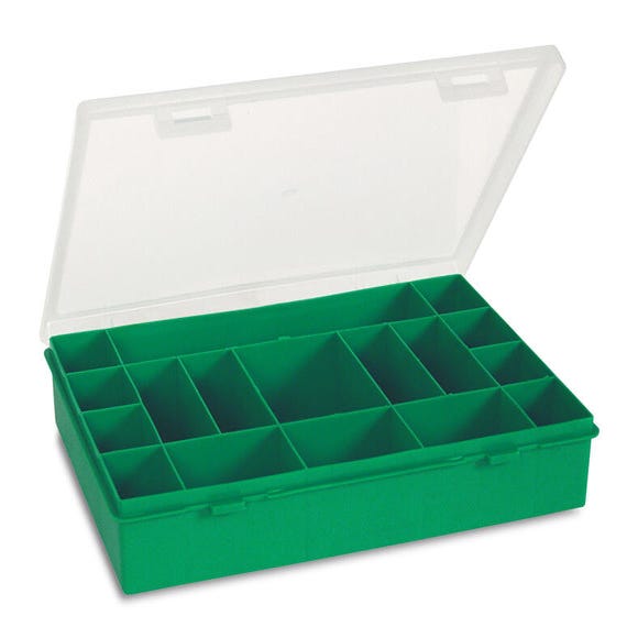 Caja organizadora para los tornillos y tacos sobre fondo blanco de
