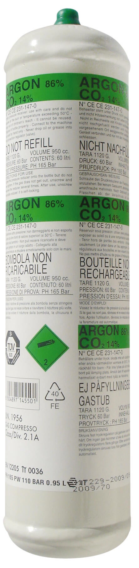 Botella de gas de mezcla de argón y co2 awelco ce-gasmixtoplus de 0.95 litros