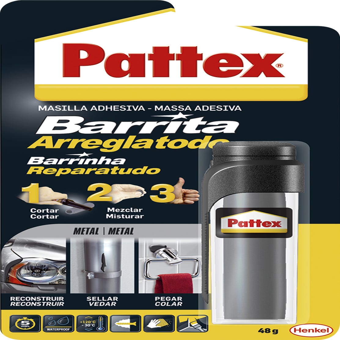Masilla bicomponente Barrita Arreglatodo Pattex 48 gr metal