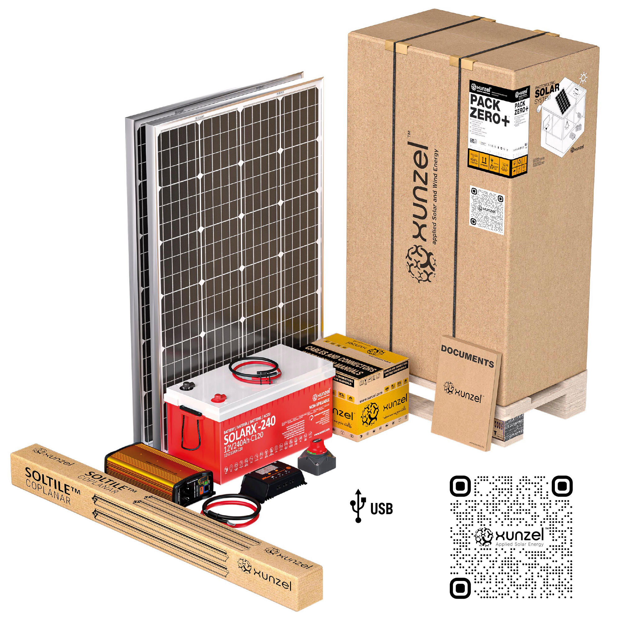 Kit solar pack zero+xunzel1000xj hasta 1,3kwh/d, batería 2,8kwh, inversor 1000w