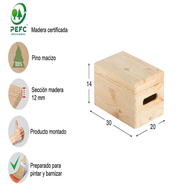 Caja de madera de 14x30x20 cm y capacidad de 8L