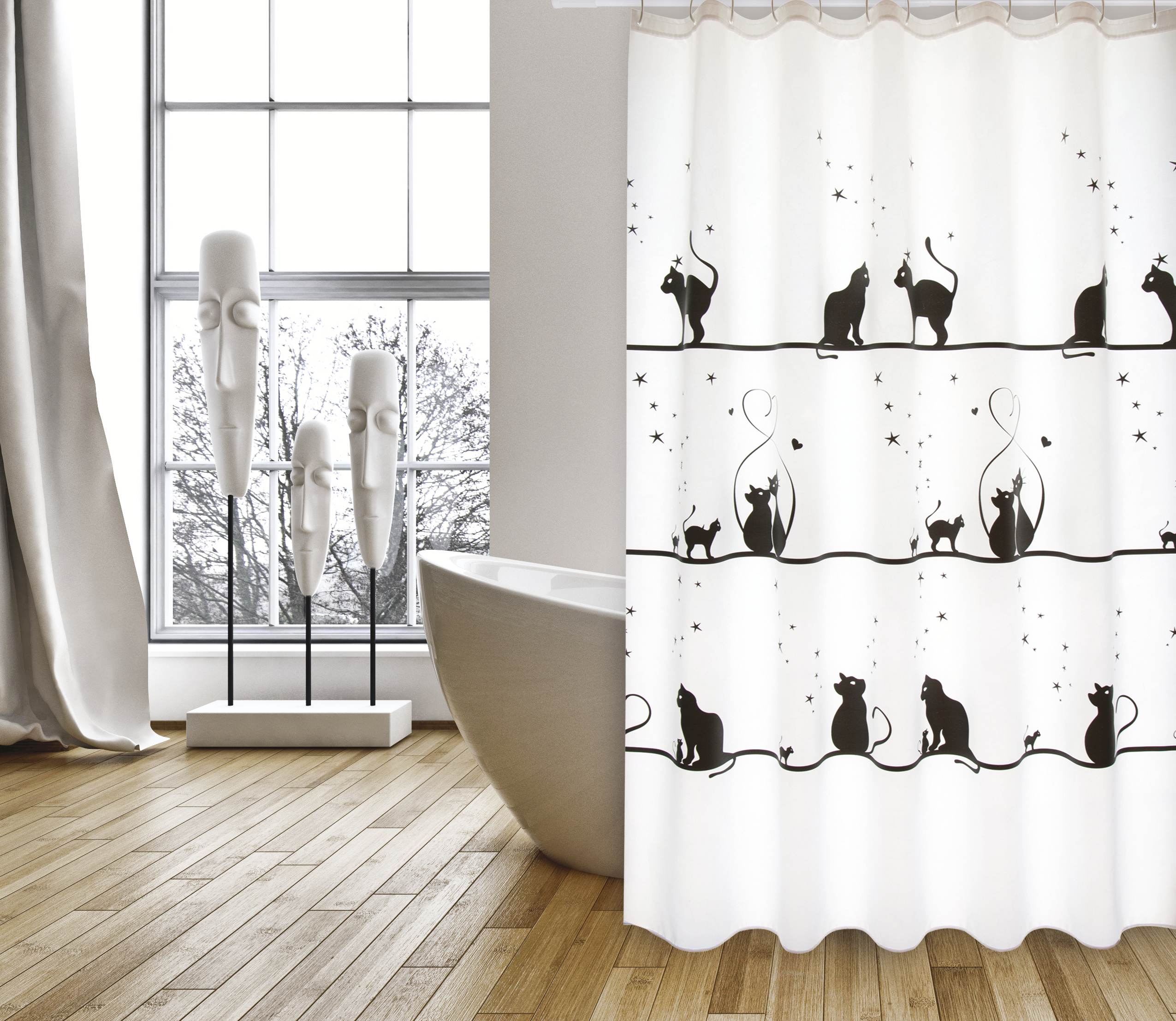 Cortina baño gatitos blanco poliéster 180x200 cm
