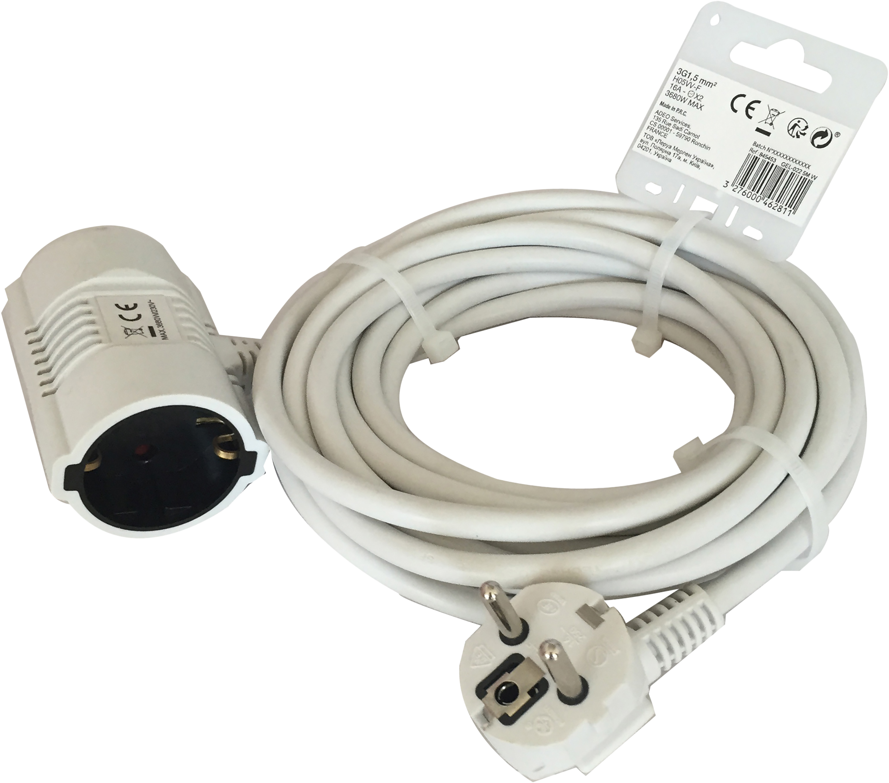 Prolongador de cable lexman blanco 3x1,5 mm² 5 m
