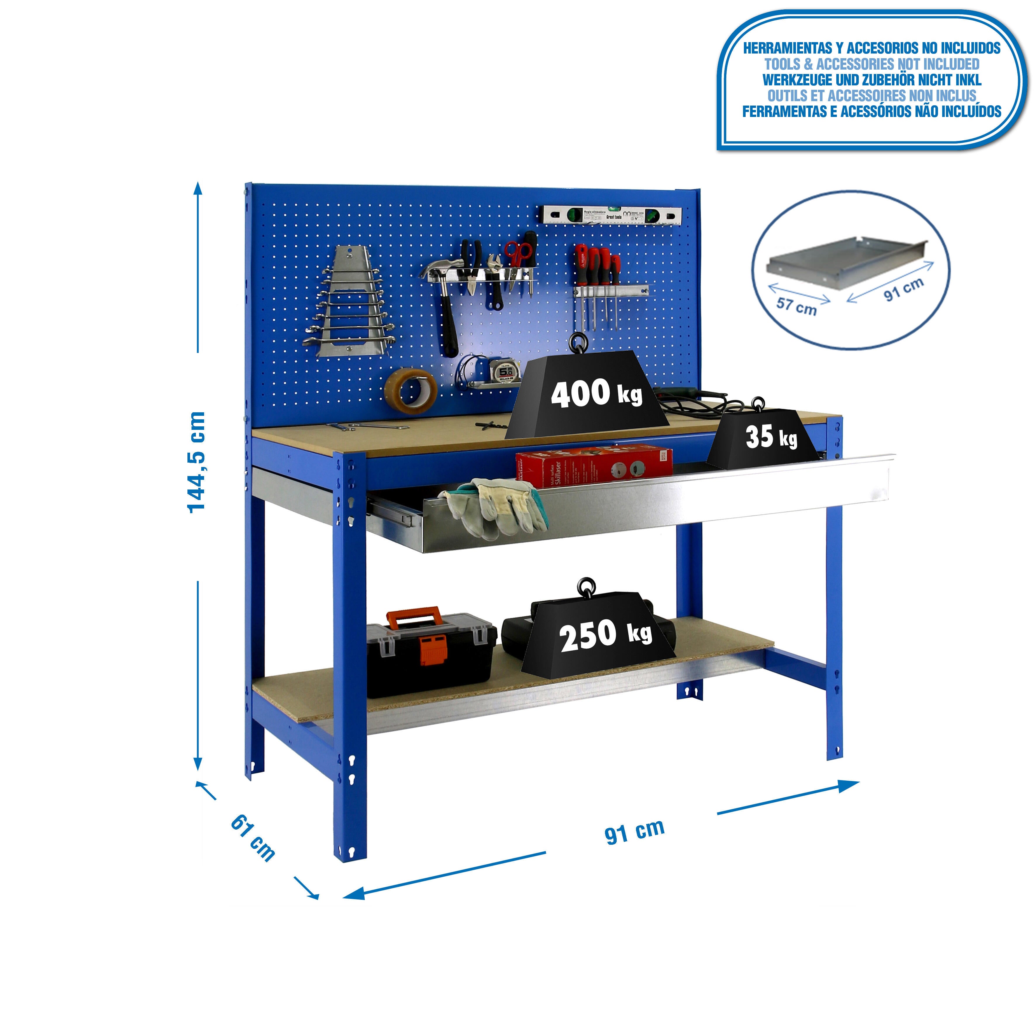 Banco de trabajo Simonwork BT2 BOX con cajon Azul/Madera 144,5x91x61 cm