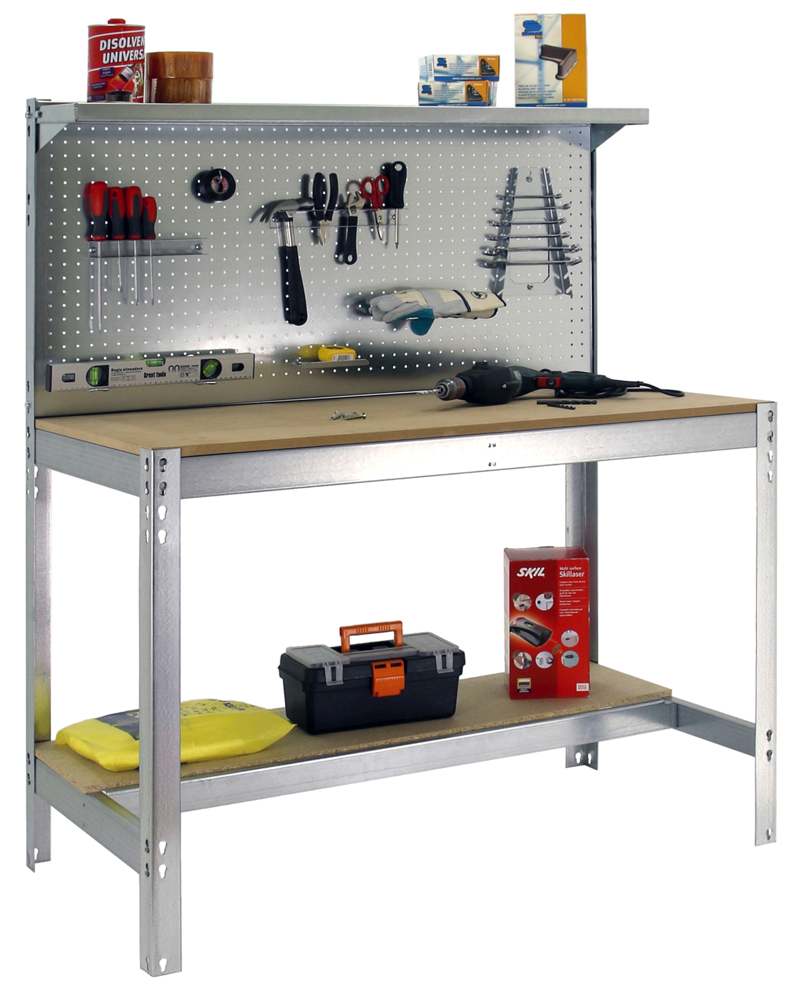 SimonRack - Banco De Trabajo Para Taller, Medidas 900x1800x450 Mm, Capacidad De Carga 400 Kg, 3 Alturas Ajustables, Color Azul/Naranja/Madera