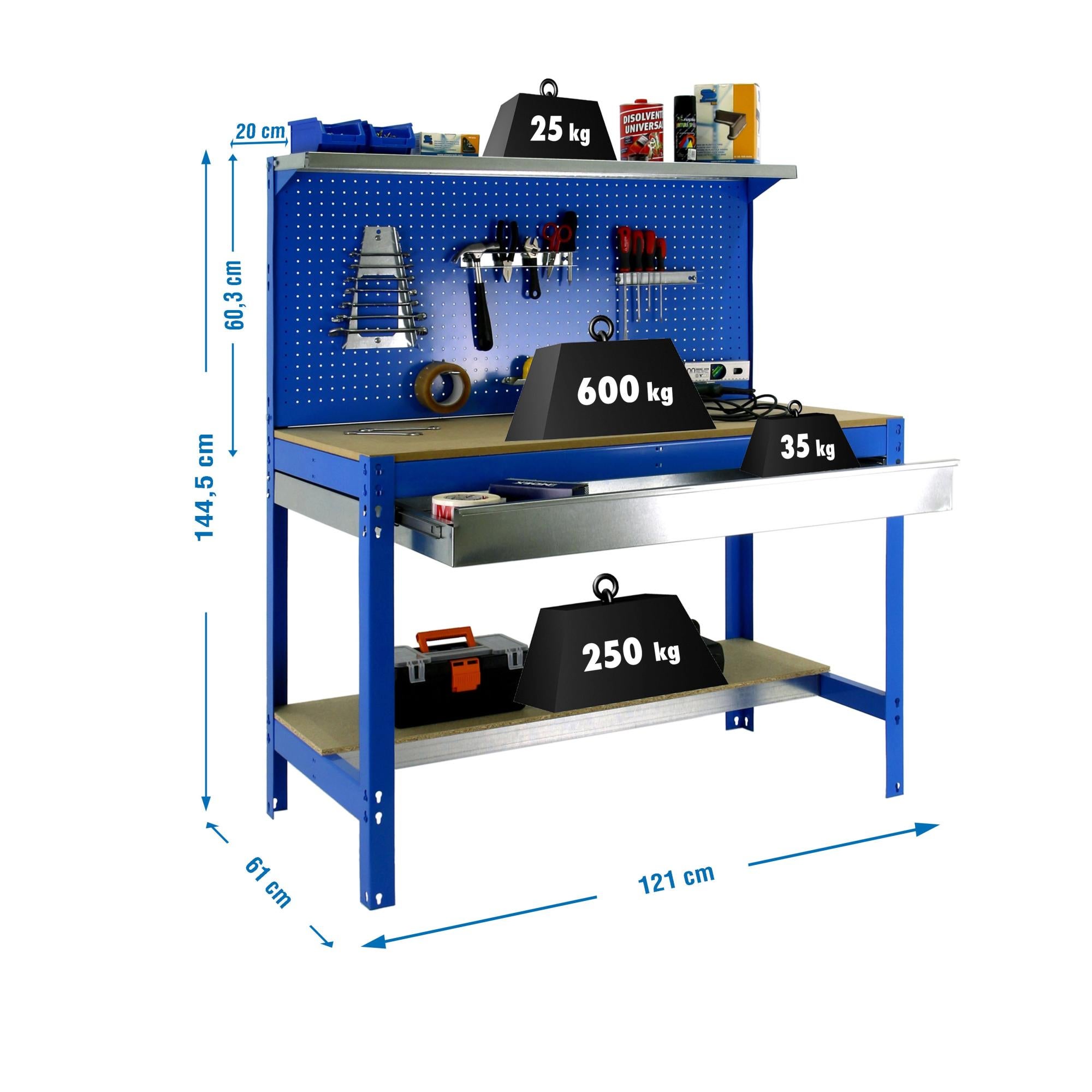 SimonRack - Banco De Trabajo Para Taller, Medidas 900x1800x450 Mm, Capacidad De Carga 400 Kg, 3 Alturas Ajustables, Color Azul/Naranja/Madera