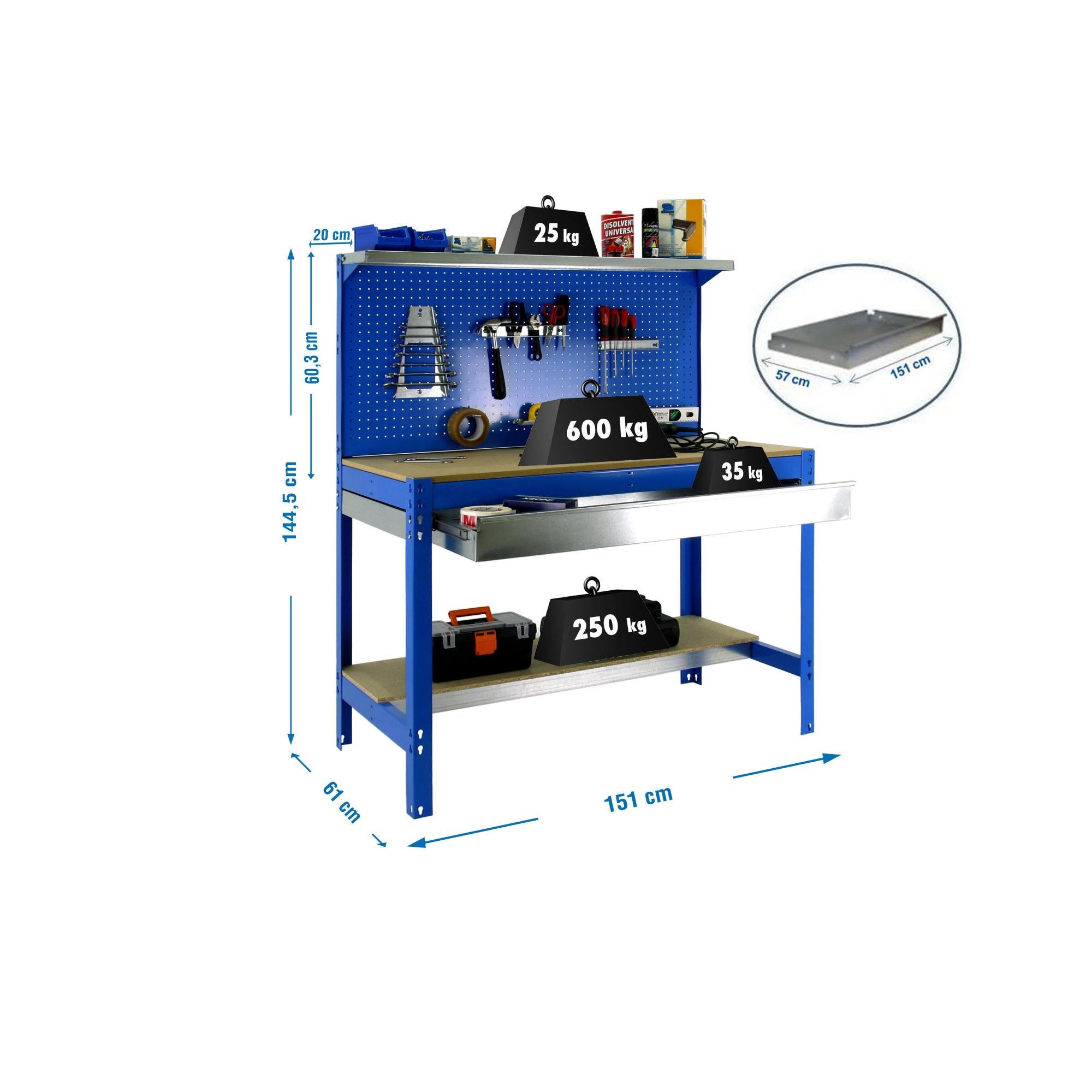 SimonRack - Banco De Trabajo Para Taller, Medidas 900x1800x450 Mm, Capacidad De Carga 400 Kg, 3 Alturas Ajustables, Color Azul/Naranja/Madera