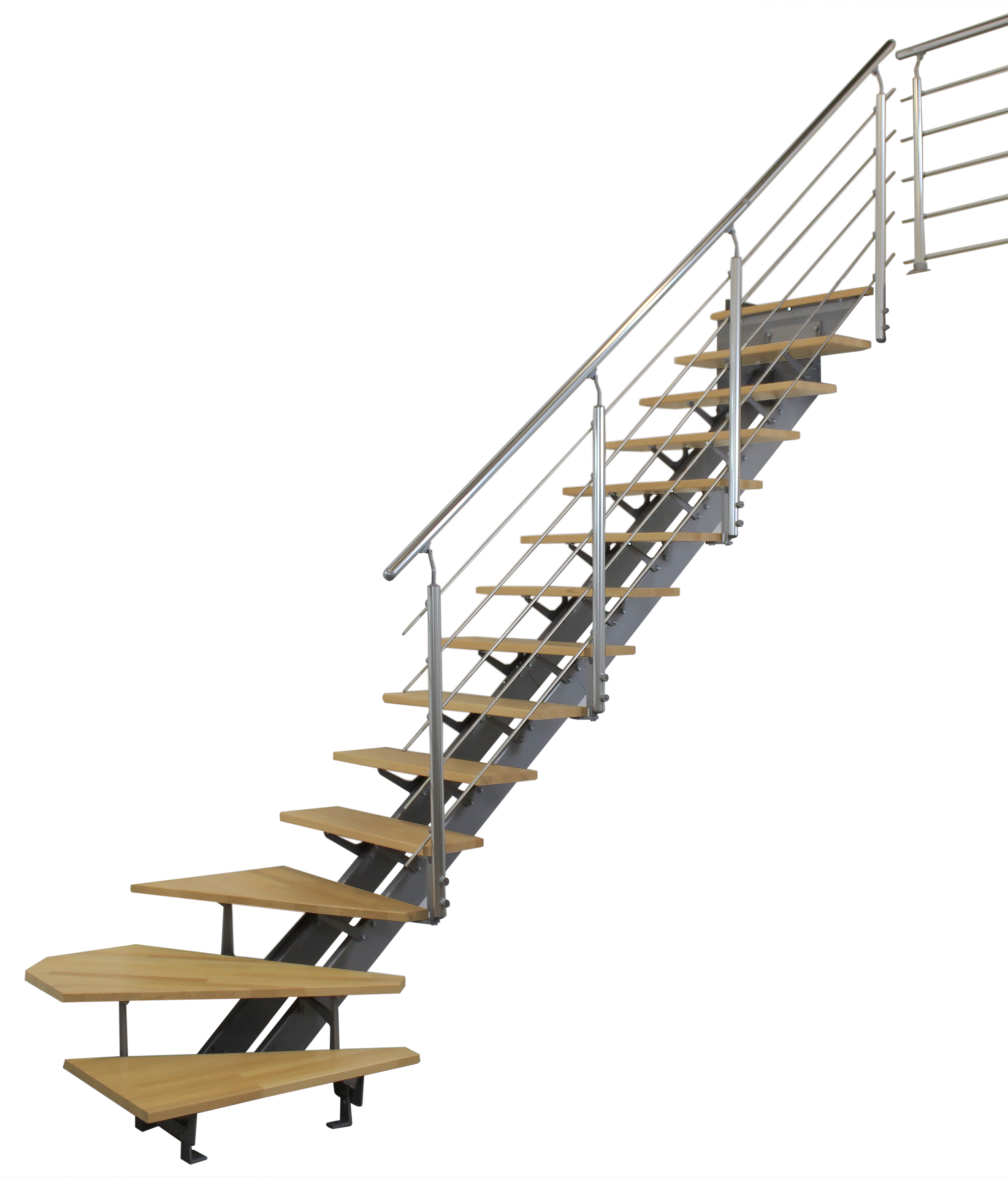 Escalera 1/4 de giro doble viga uso interior ancho 95cm acabado gris/pino/alum