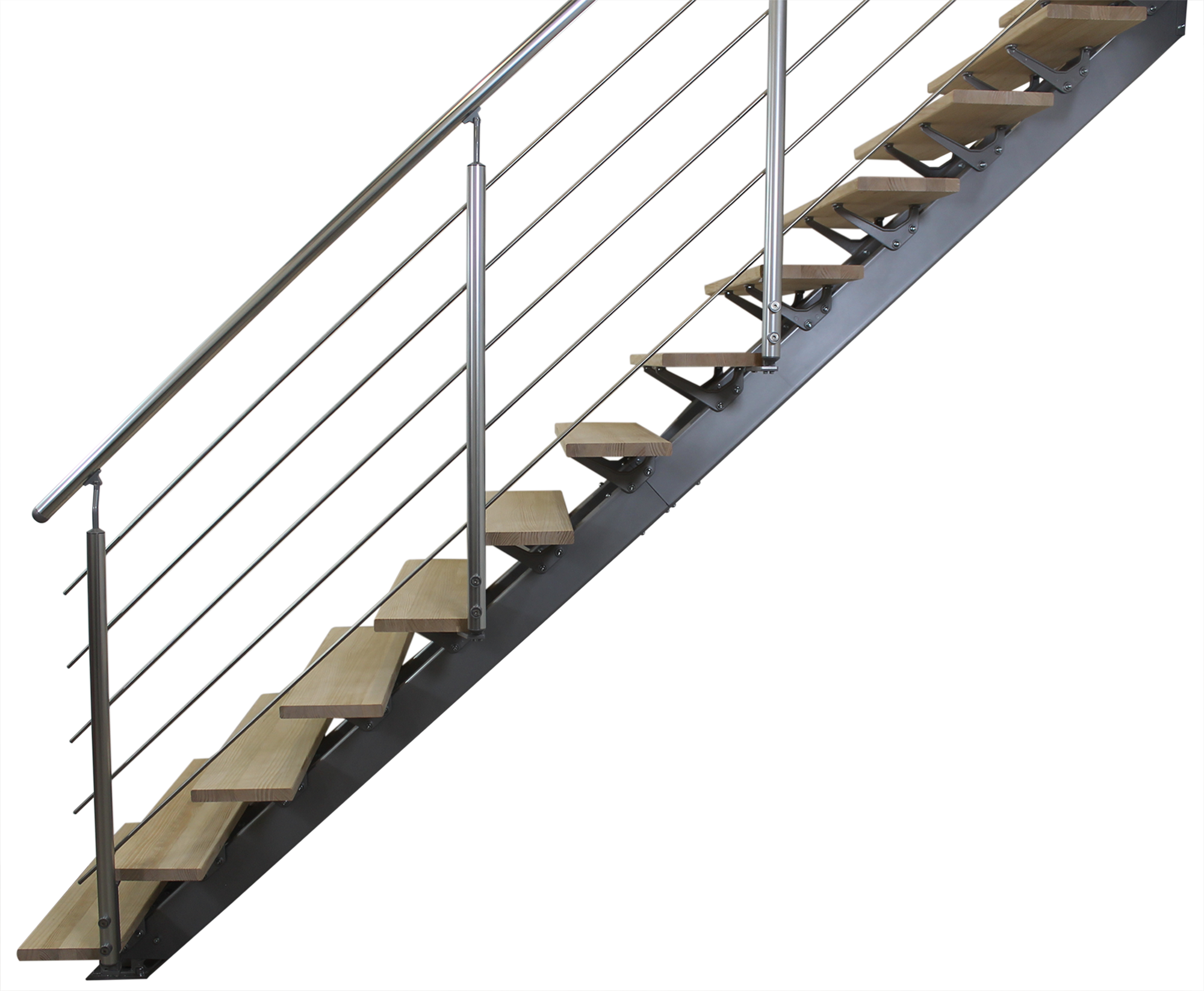 Escalera recta doble viga uso interior ancho total 95cm acabado gris/pino/alum