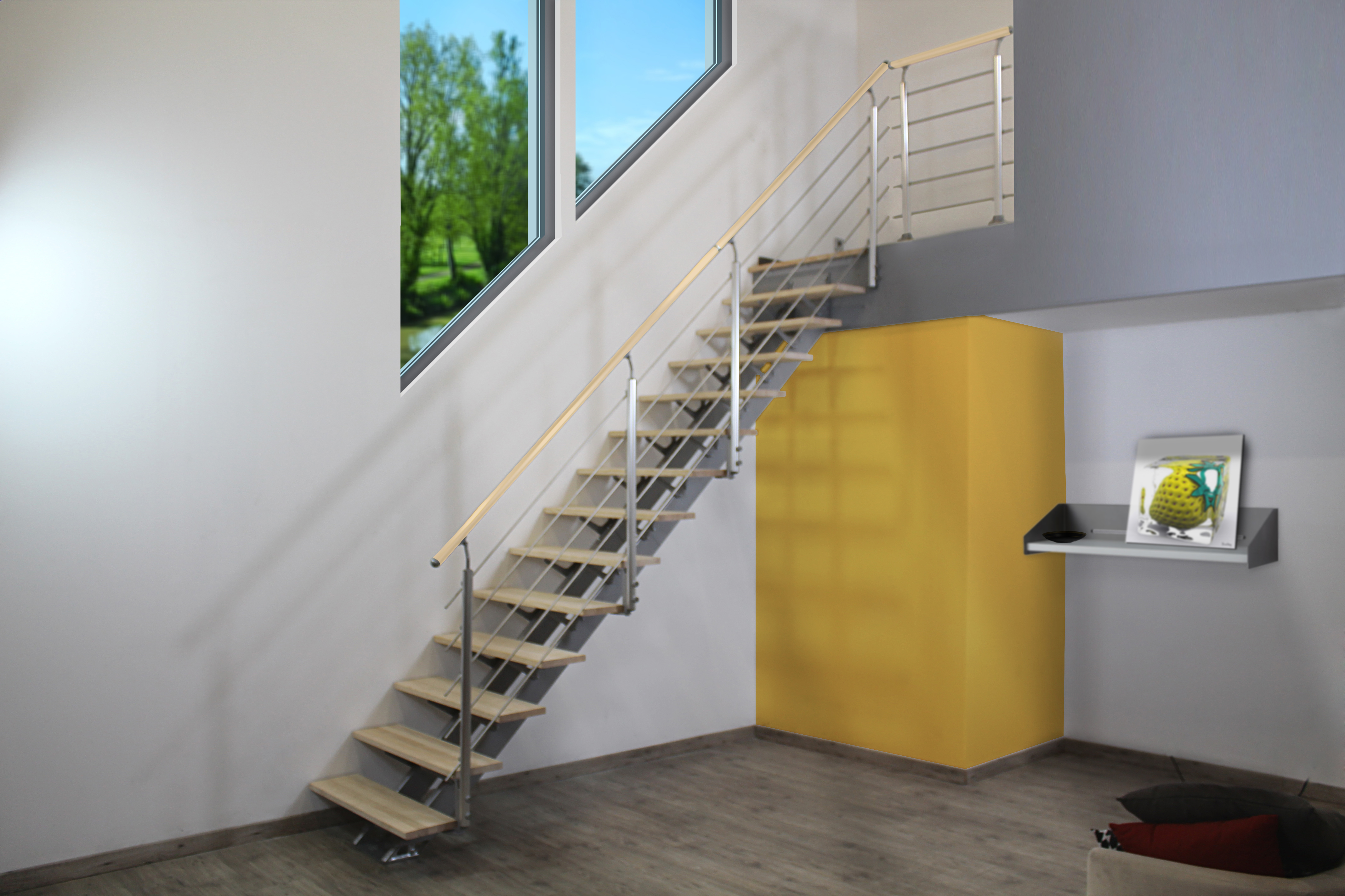 Escalera recta doble viga uso interior ancho total 95cm acabado gris/pino/pino