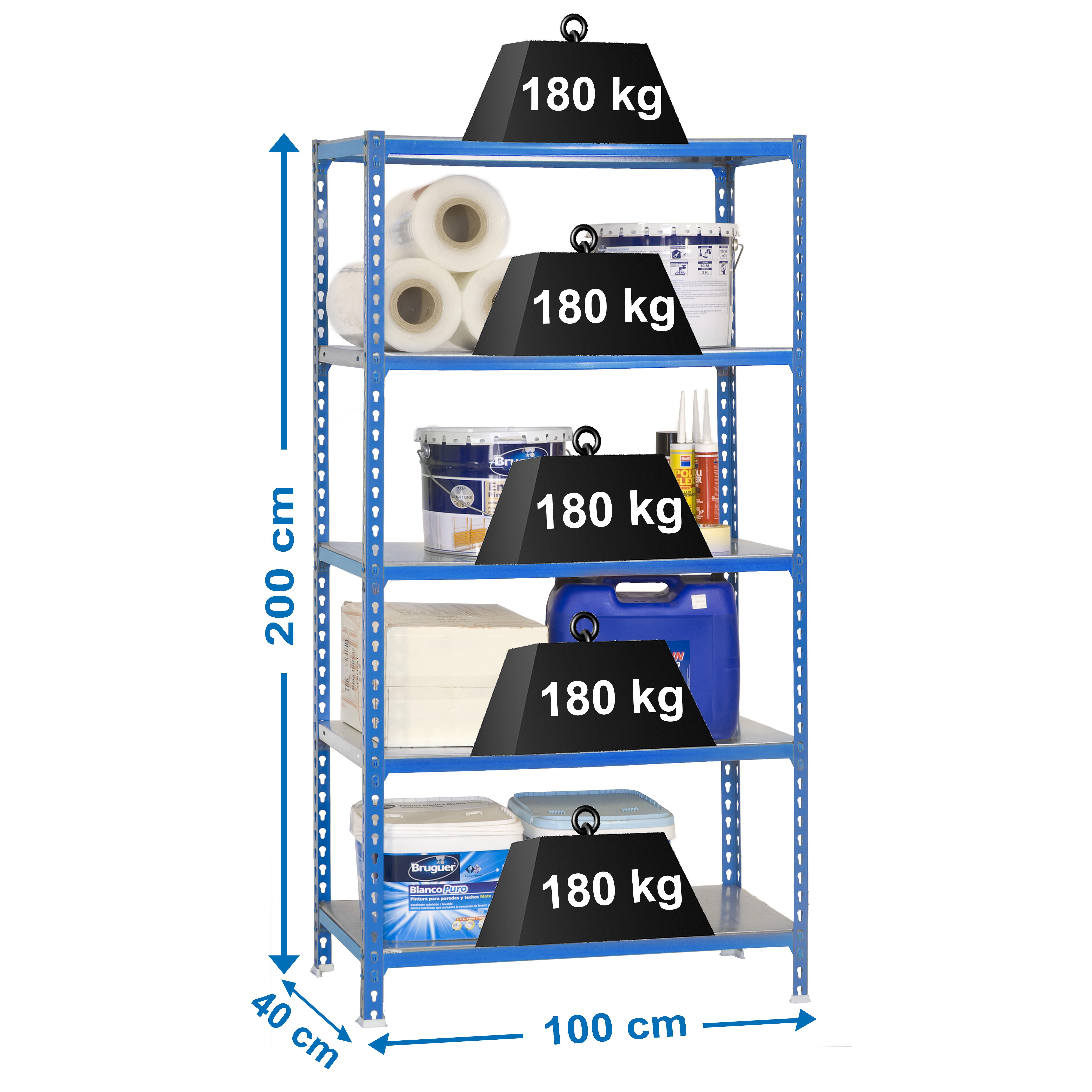 Estantería encajable KIT MADERCLICK PLUS 5/500 AZUL/MADERA Dimensiones:  200x100x50 Capacidad de carga: 150kg Superficie: azul