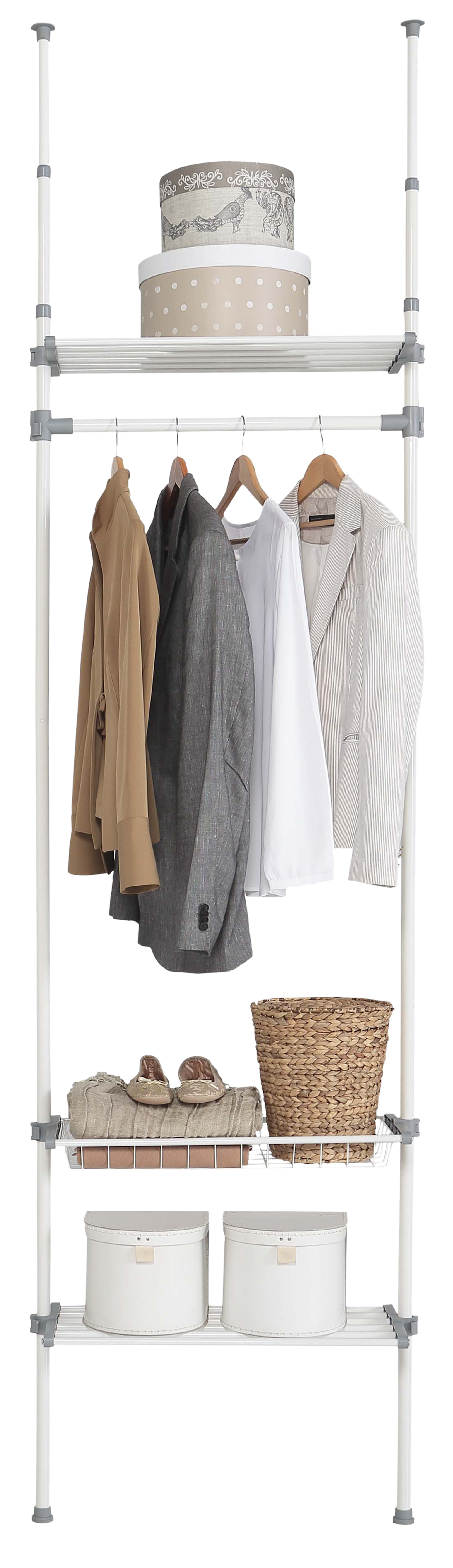 Propiedad coser Dinamarca Kit vestidor blanco extensible DRESS 1 barra, 2 estantes y 1 cesta  240x68x25 cm | Leroy Merlin