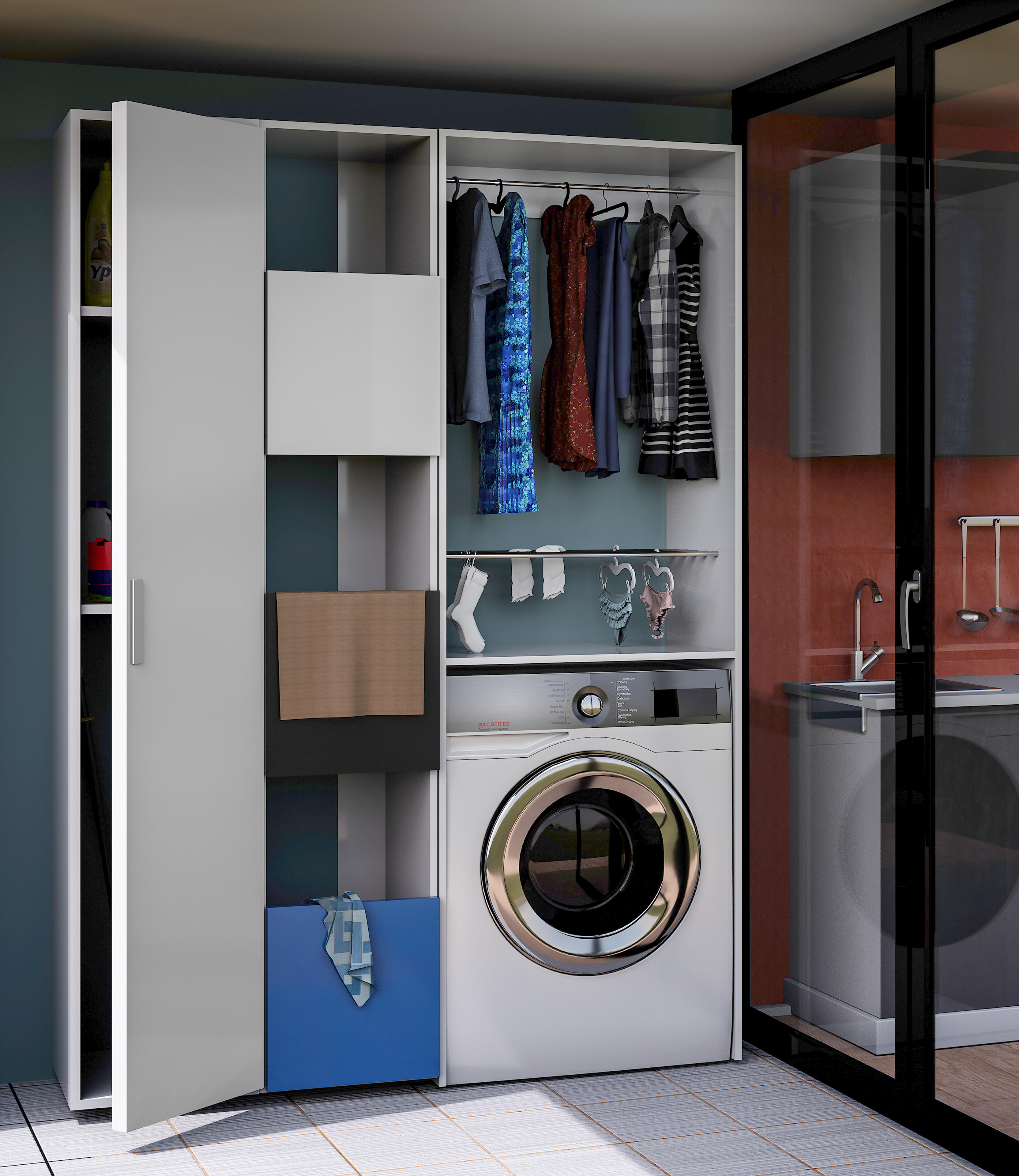 Mueble de lavandería en casa con lavadora moderna ia generativa