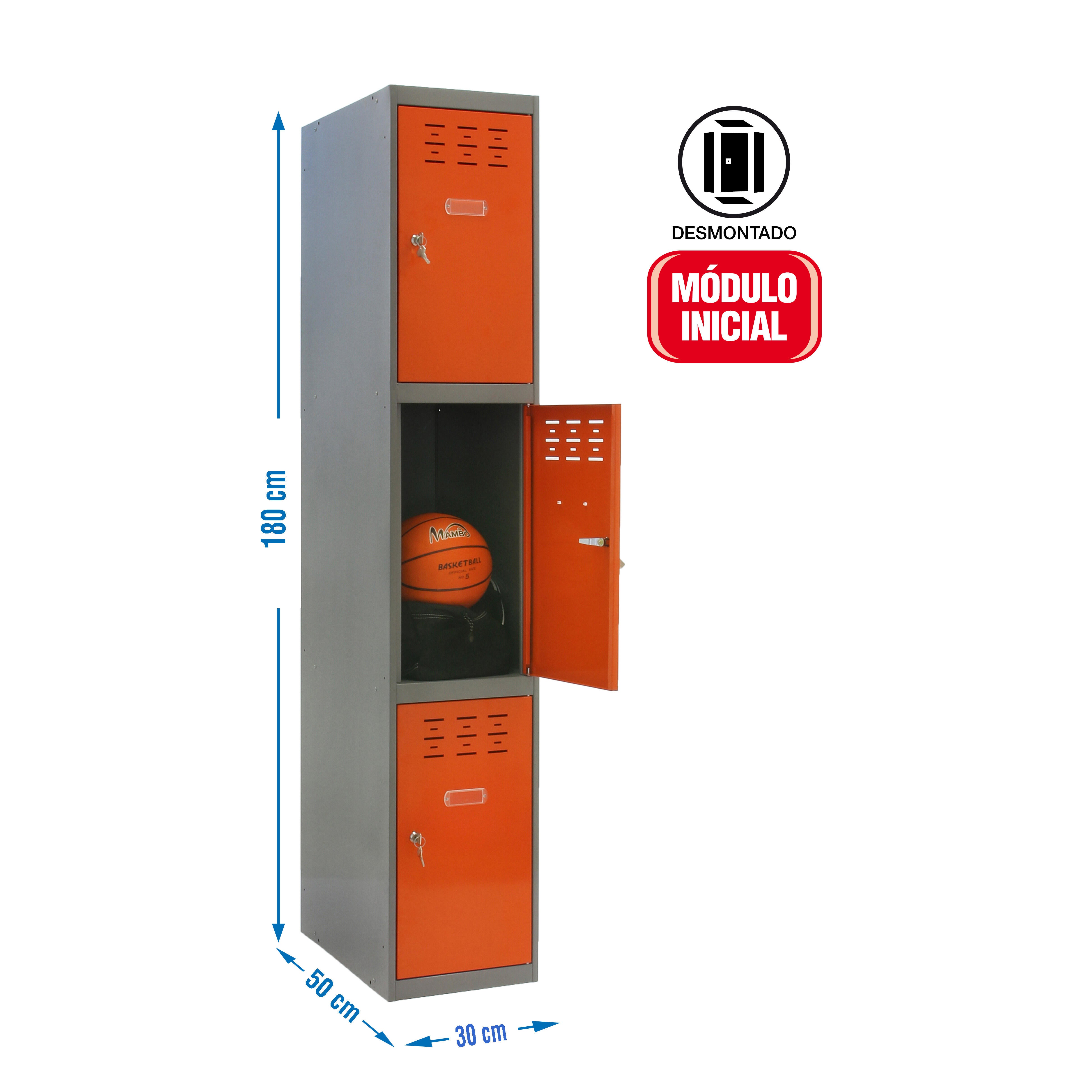 Casillero de acero 3x1, 180x30x50 cm desmontado color gris/naranja 3 puertas