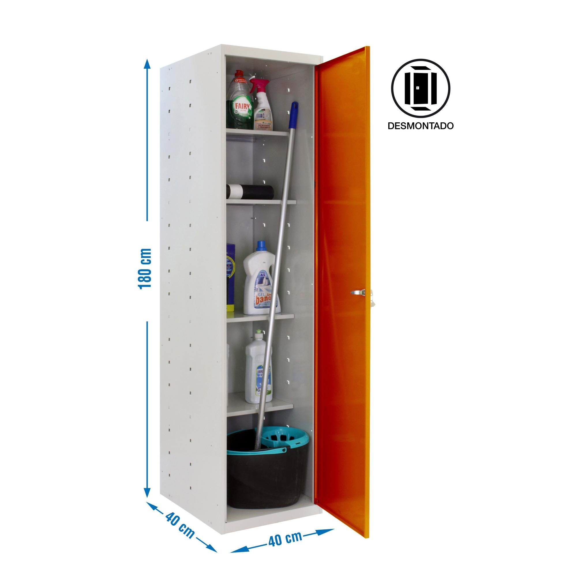 Armario escobero de acero 40x180x40 cm desmontado color gris/naranja puerta Leroy Merlin