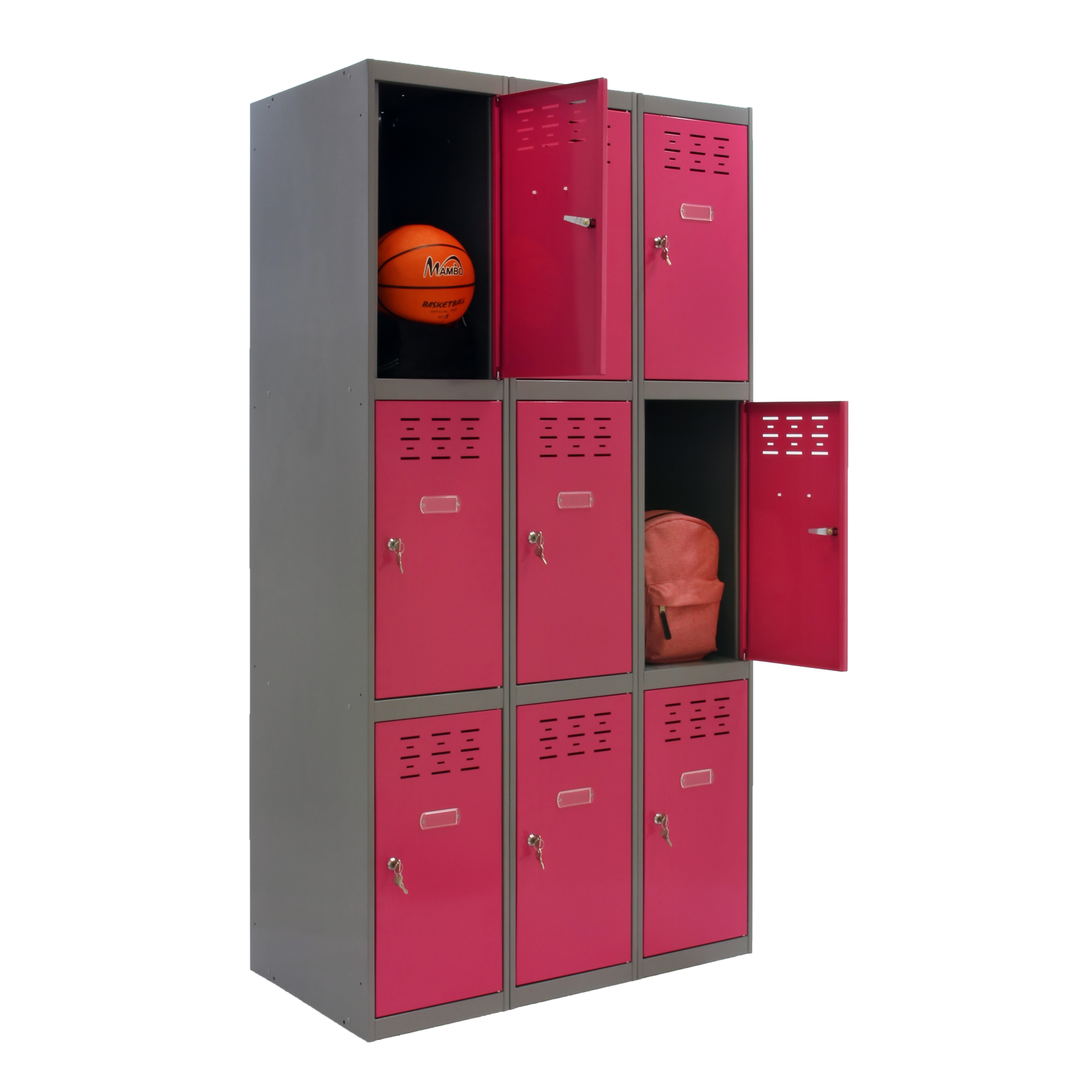 Casillero de acero 3x3, 180x90x50 cm montado color gris/rosa 9 puertas