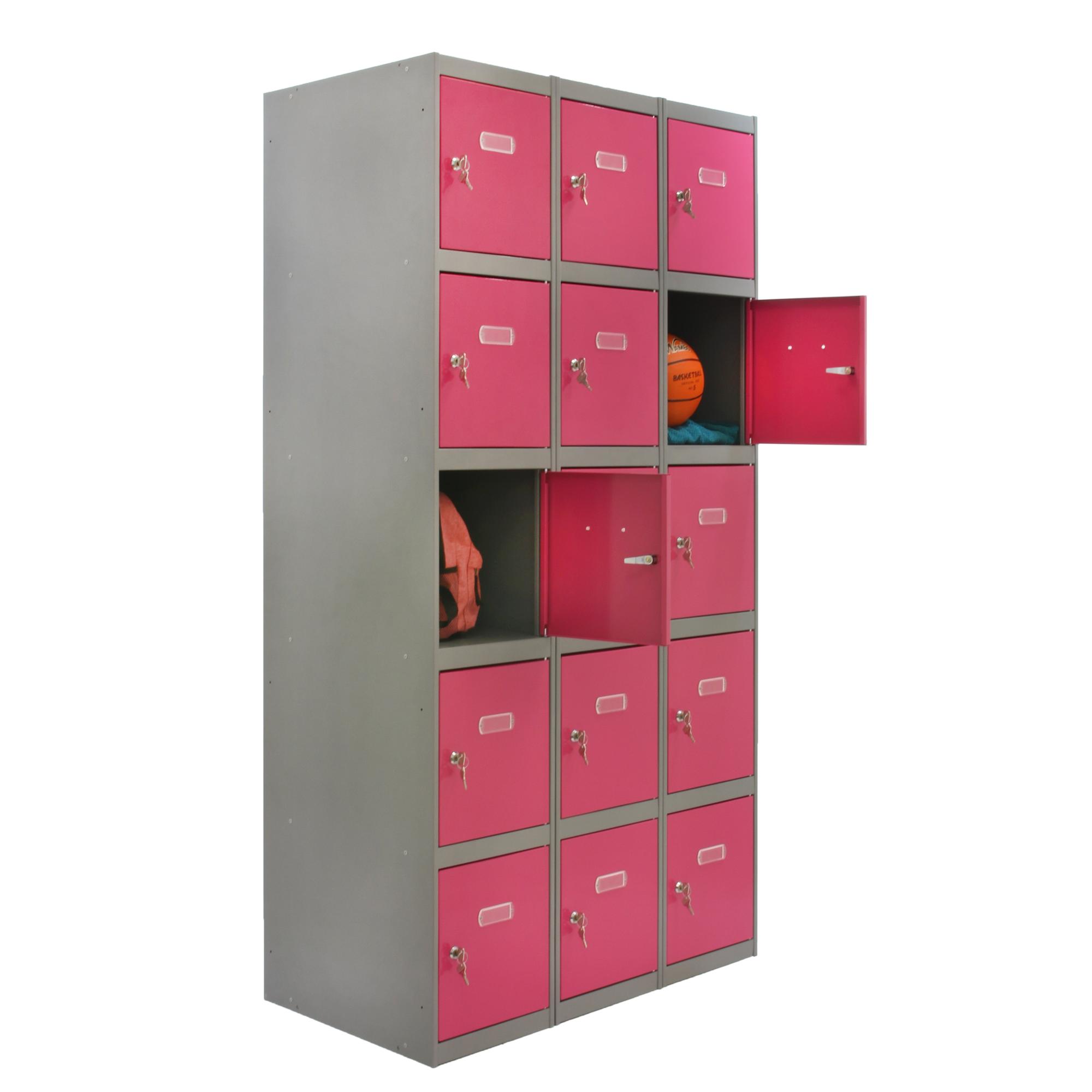Casillero de acero 5x3, 180x90x50 cm montado color gris/rosa 15 puertas