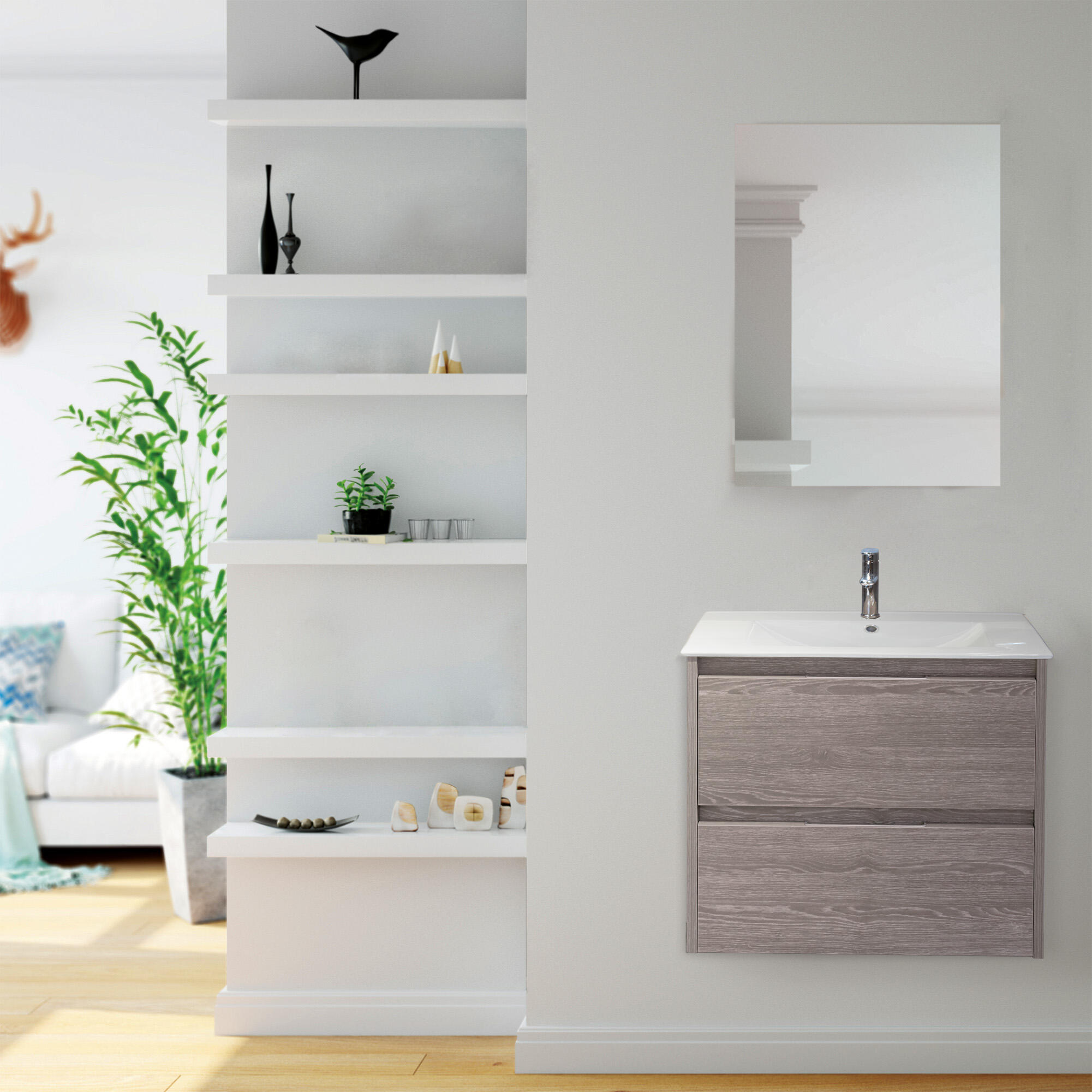 Mueble de baño con lavabo y espejo palma roble brillante 80x45 cm