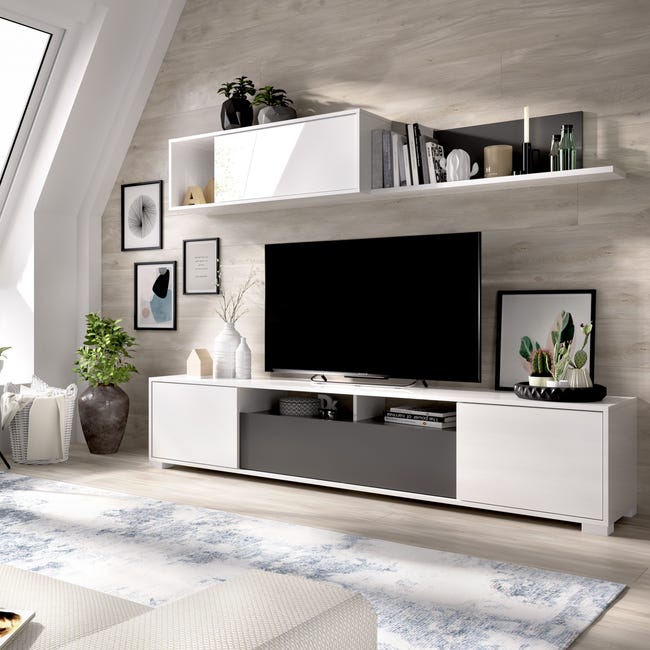 Salón moderno con módulo televisión, vitrina y altillo Ref YD29