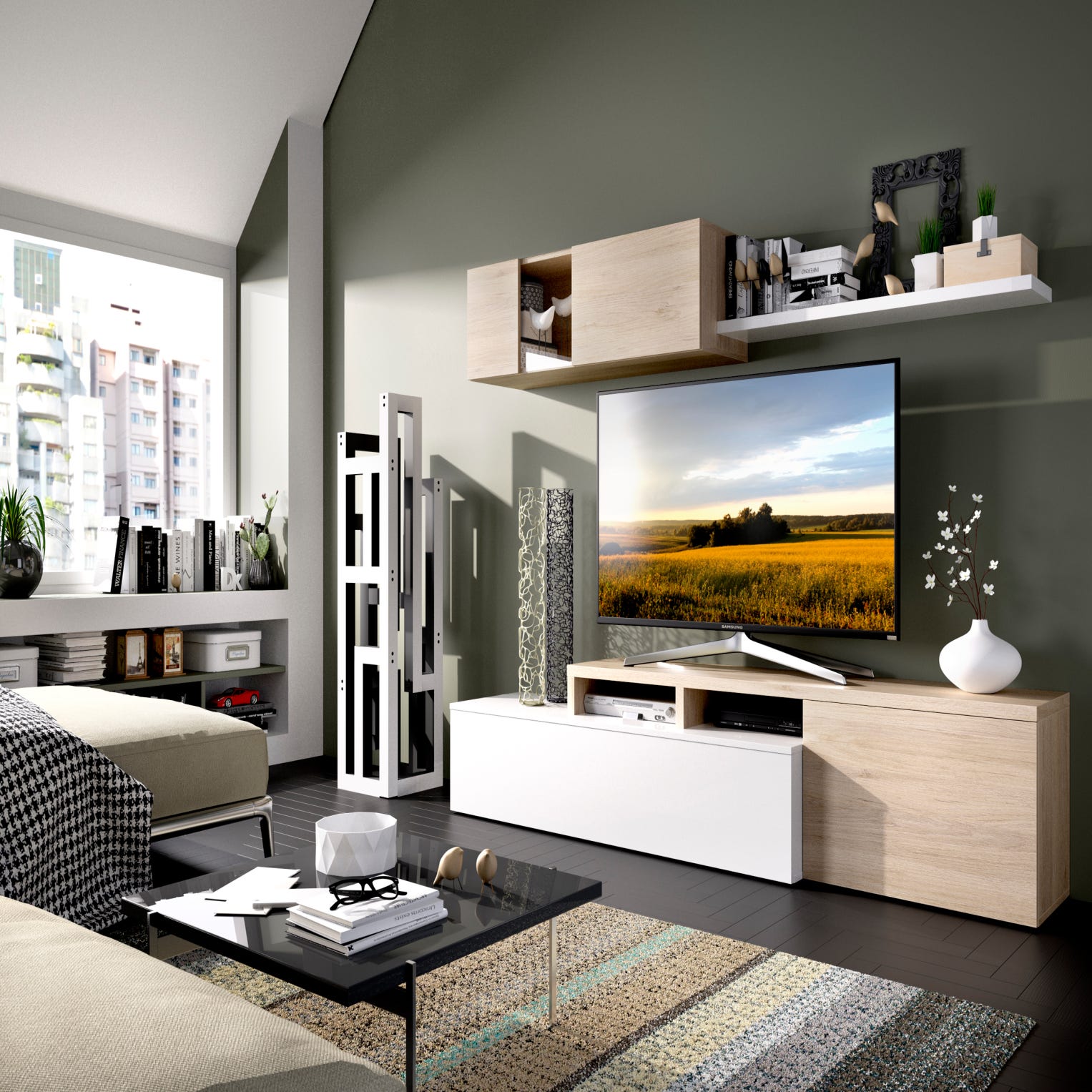 Mueble de salón y TV Noor blanco y madera natural  200x180x41cm(anchoxaltoxfondo)