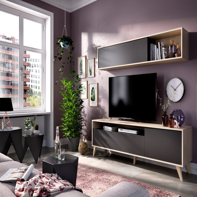 Mueble salón y TV Ada gris y madera natural 180x180x41 cm Leroy