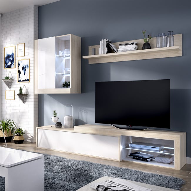 término análogo Islas Faroe Australia Mueble de salón y TV Agni blanco y madera natural  215x180x41cm(anchoxaltoxfondo) | Leroy Merlin