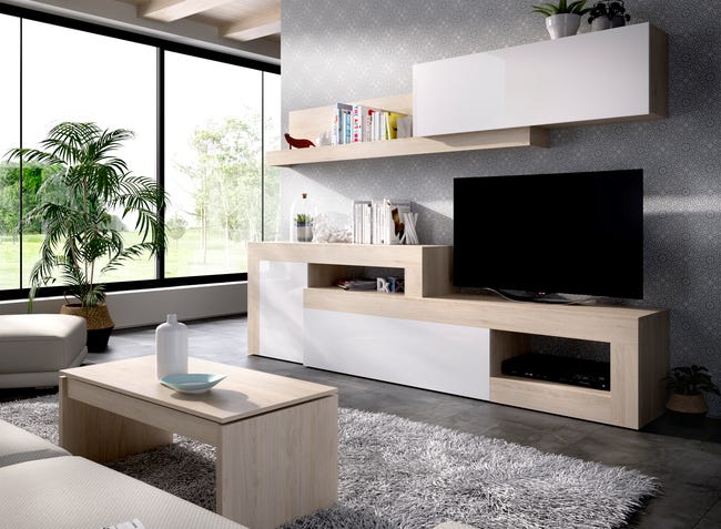 crema Descomponer Pesimista Mueble de salón y TV Cira blanco y madera natural  260x180x42cm(anchoxaltoxfondo) | Leroy Merlin