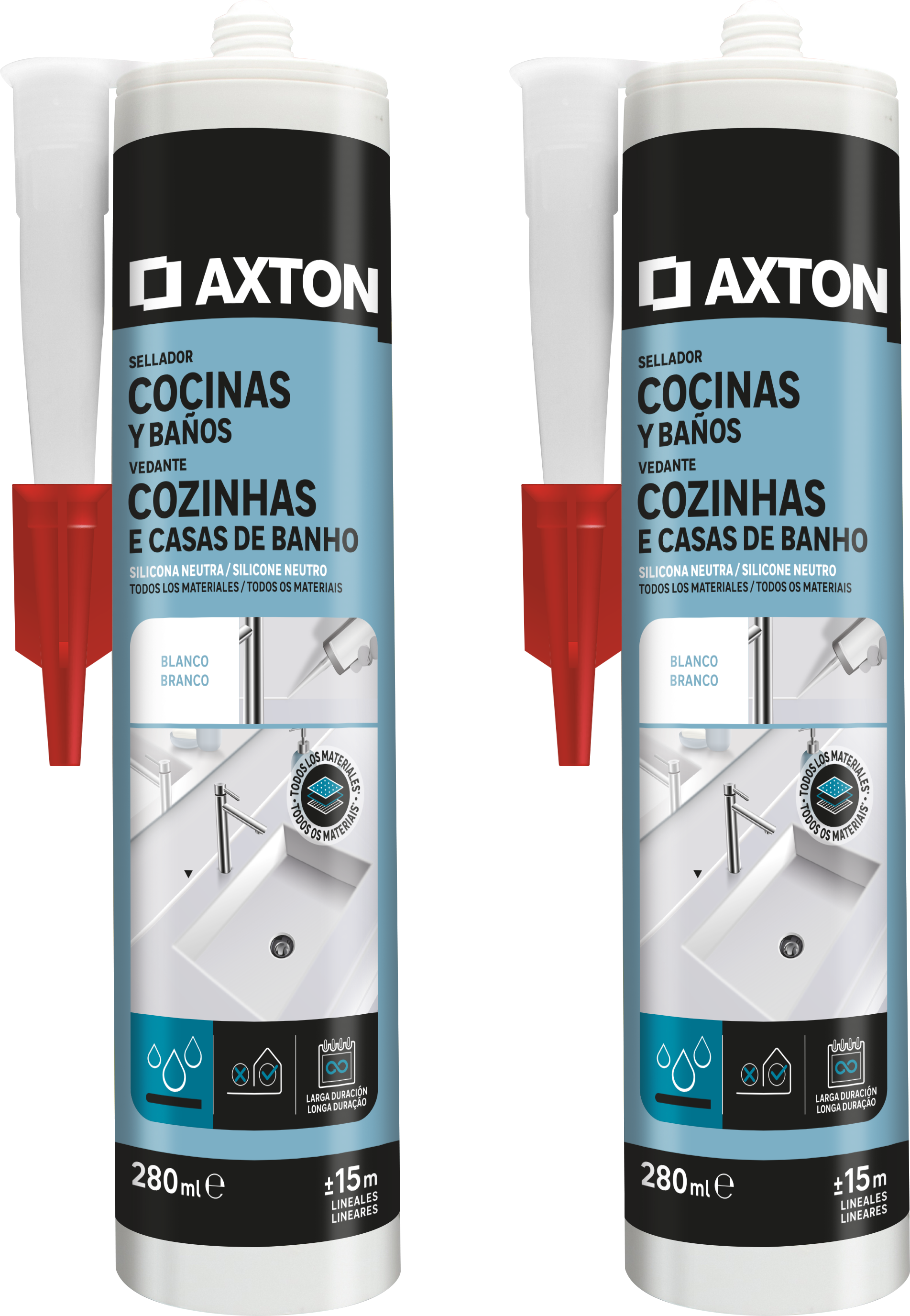 Pack de 2 siliconas neutra para cocinas y baños axton 280 ml blanco