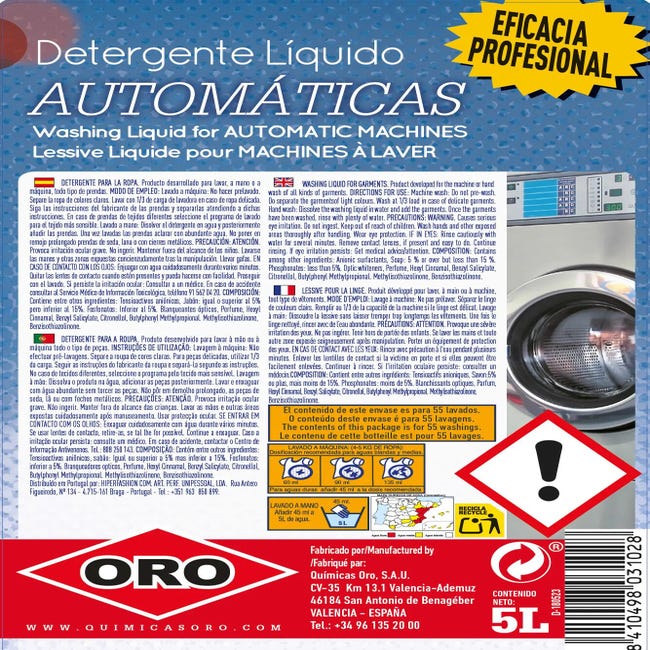ORO Detergente líquido Automáticas para lavadora - Jabón de 2,5 litros - 50  lavados - Gran poder antimanchas