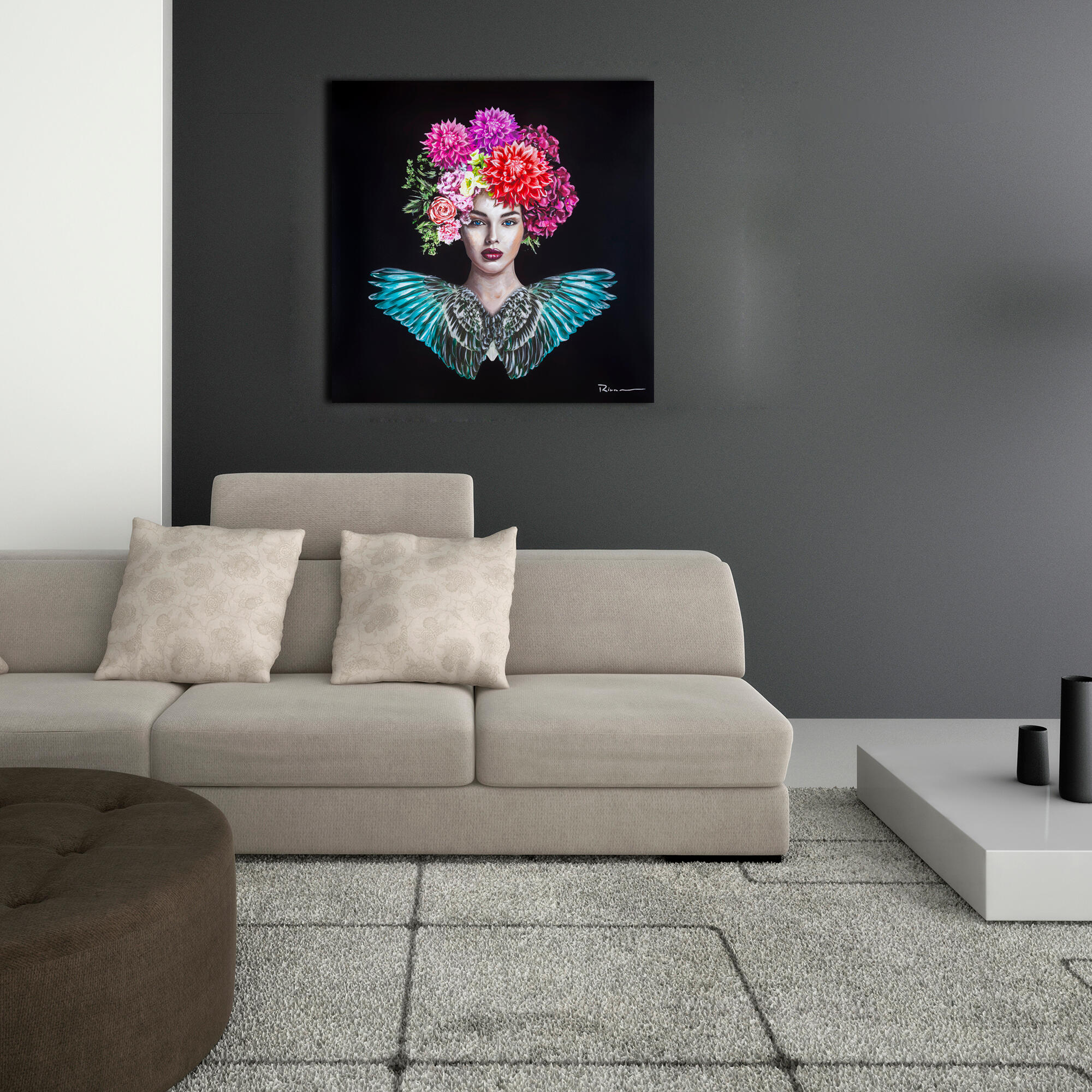 Canvas pintura enmarcada. mujer flores 80x80 cm