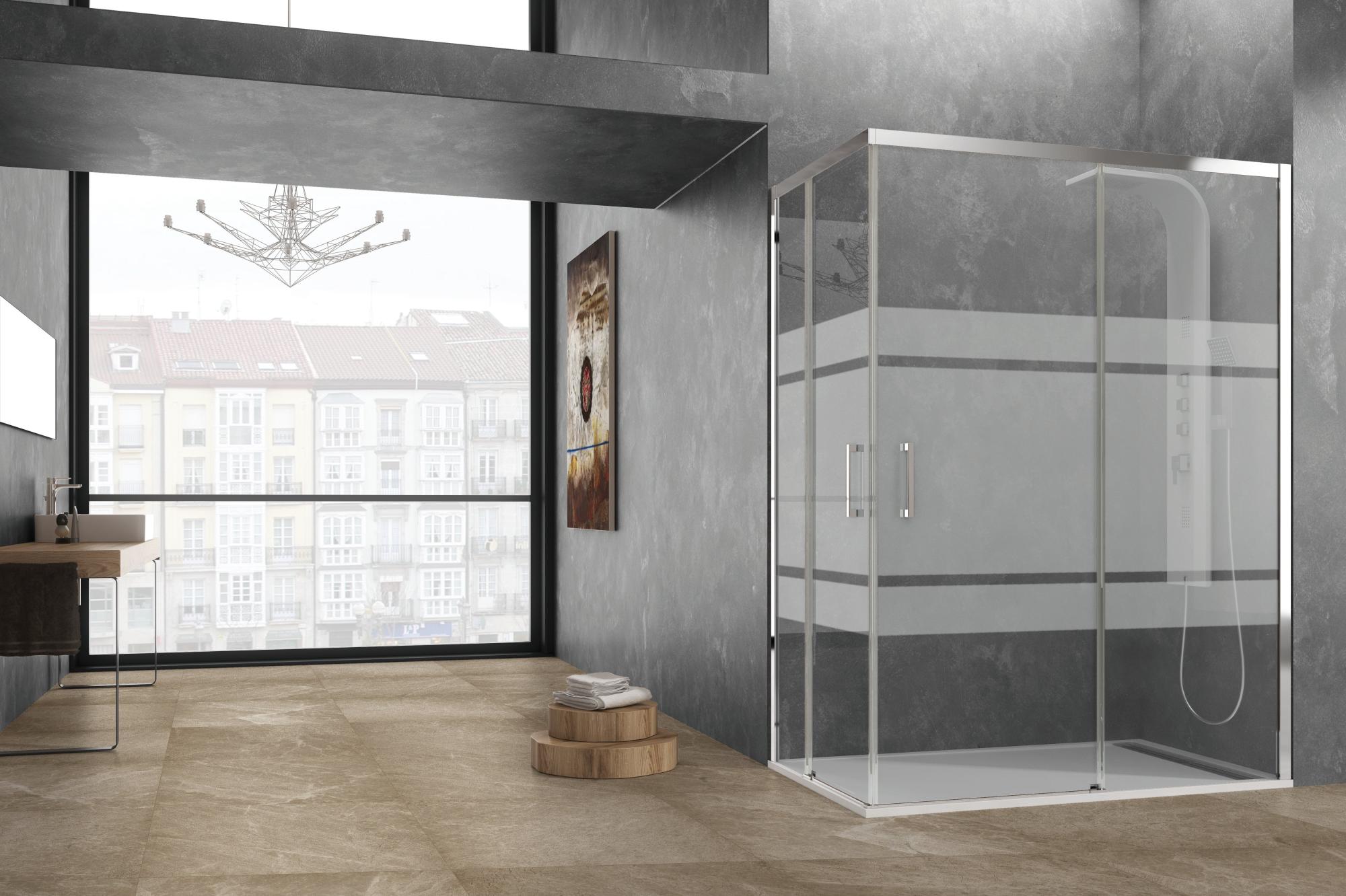 Mampara corredera akt serigrafiado perfil cromo (117-120)x(87x90)x195 cm de la marca GME Mampara corredera akt serigrafiado perfil cromo (117-120)x(87x90)x195 cm de la marca GME