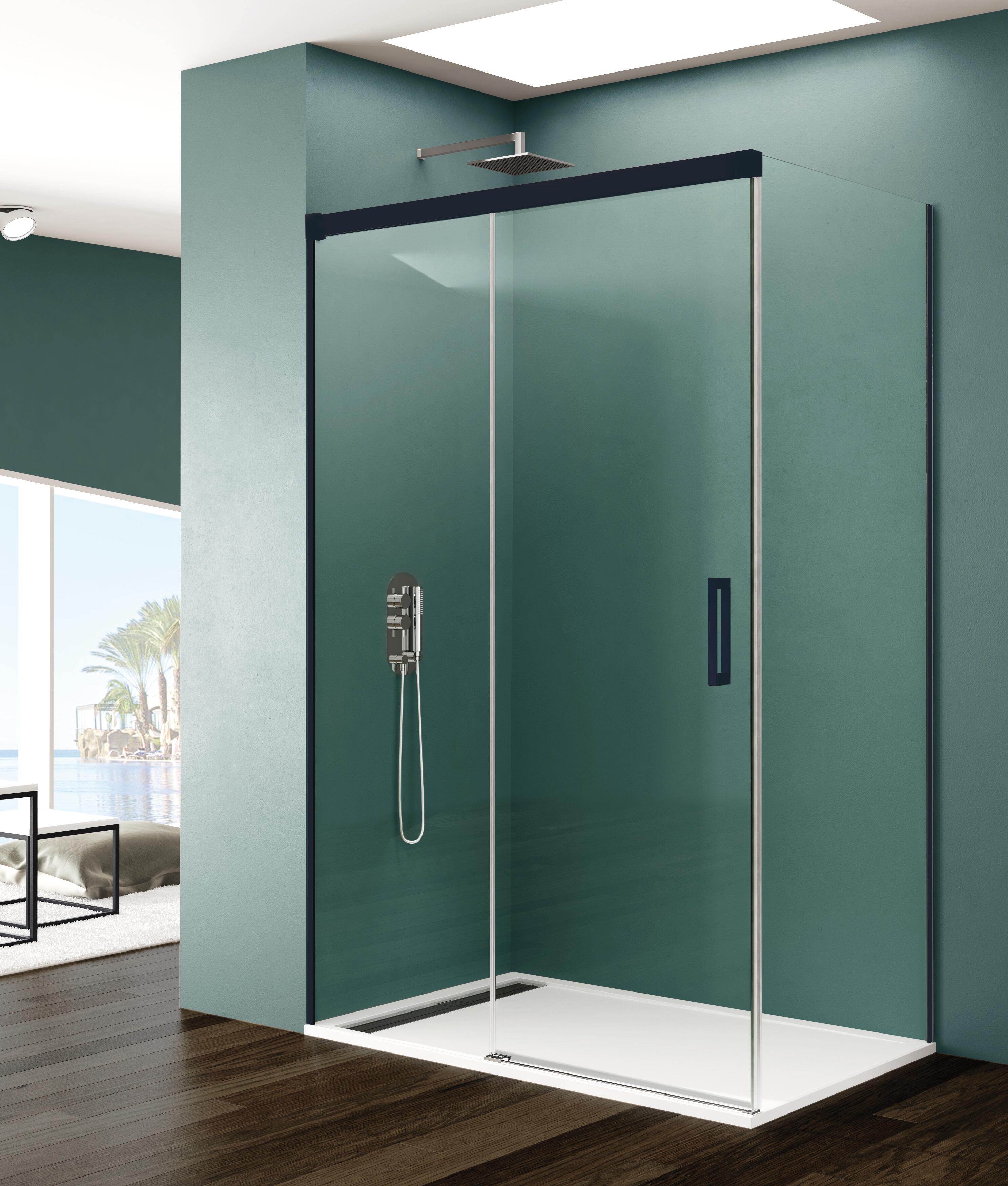 Mampara corredera bass transp. perfil negro + fijo lateral 130x70x196 cm