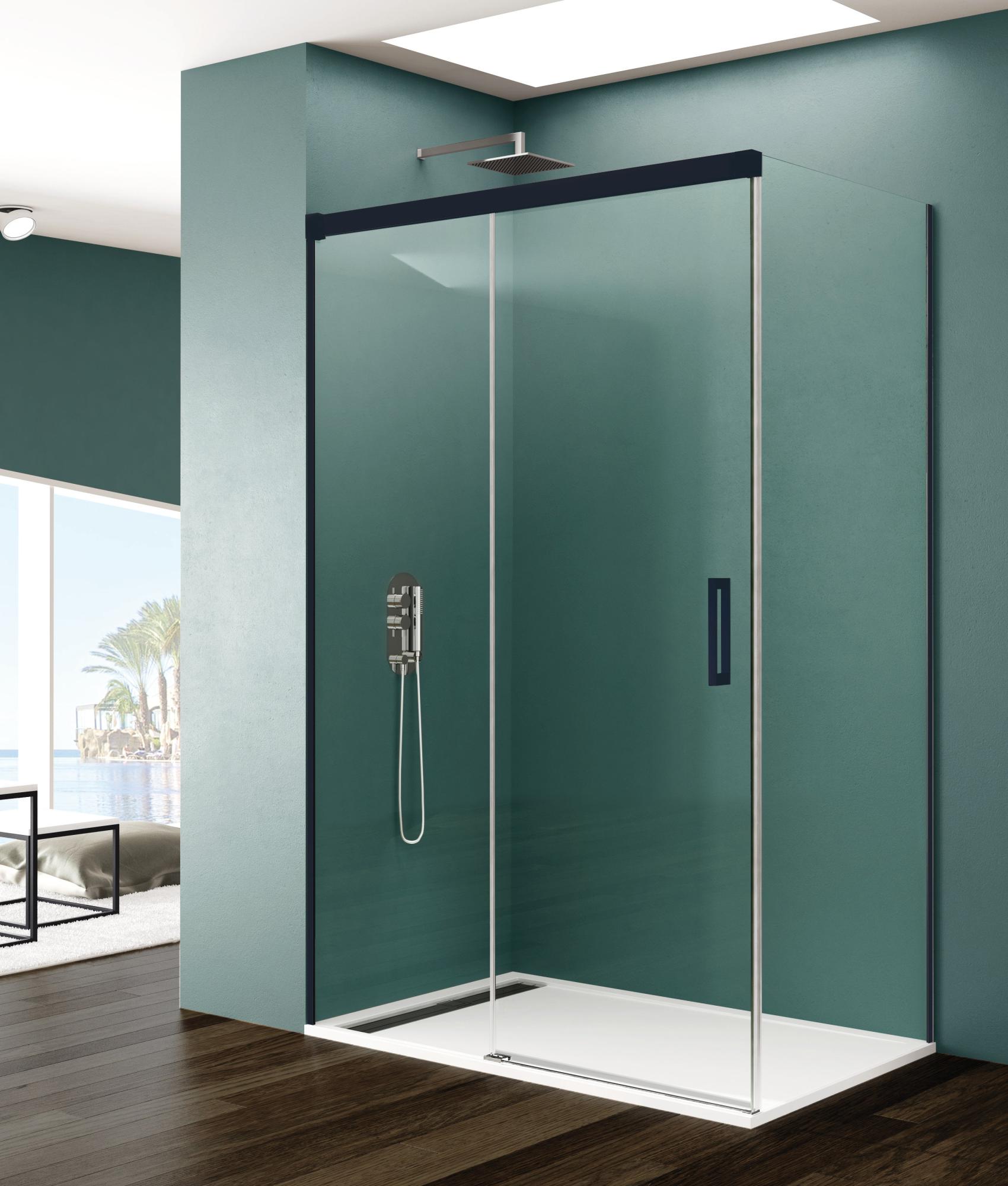 Mampara frontal y lateral corredera bass transparente negro 6mm (72-74)x195cm de la marca GME