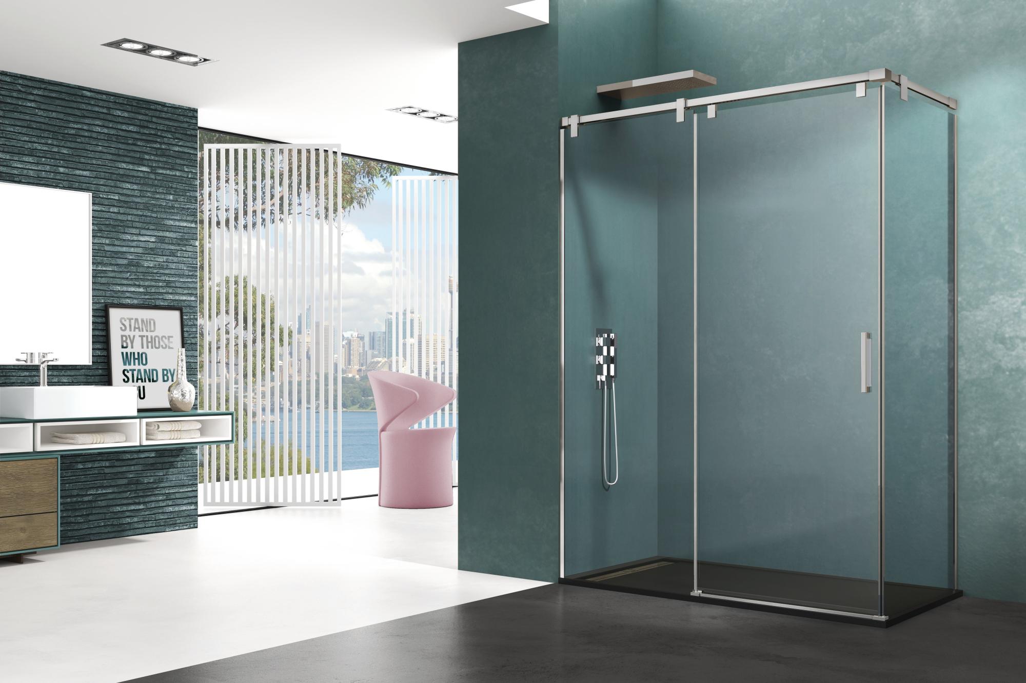 Mampara frontal y fijo lateral steel transparente perfil cromado 140x195 cm