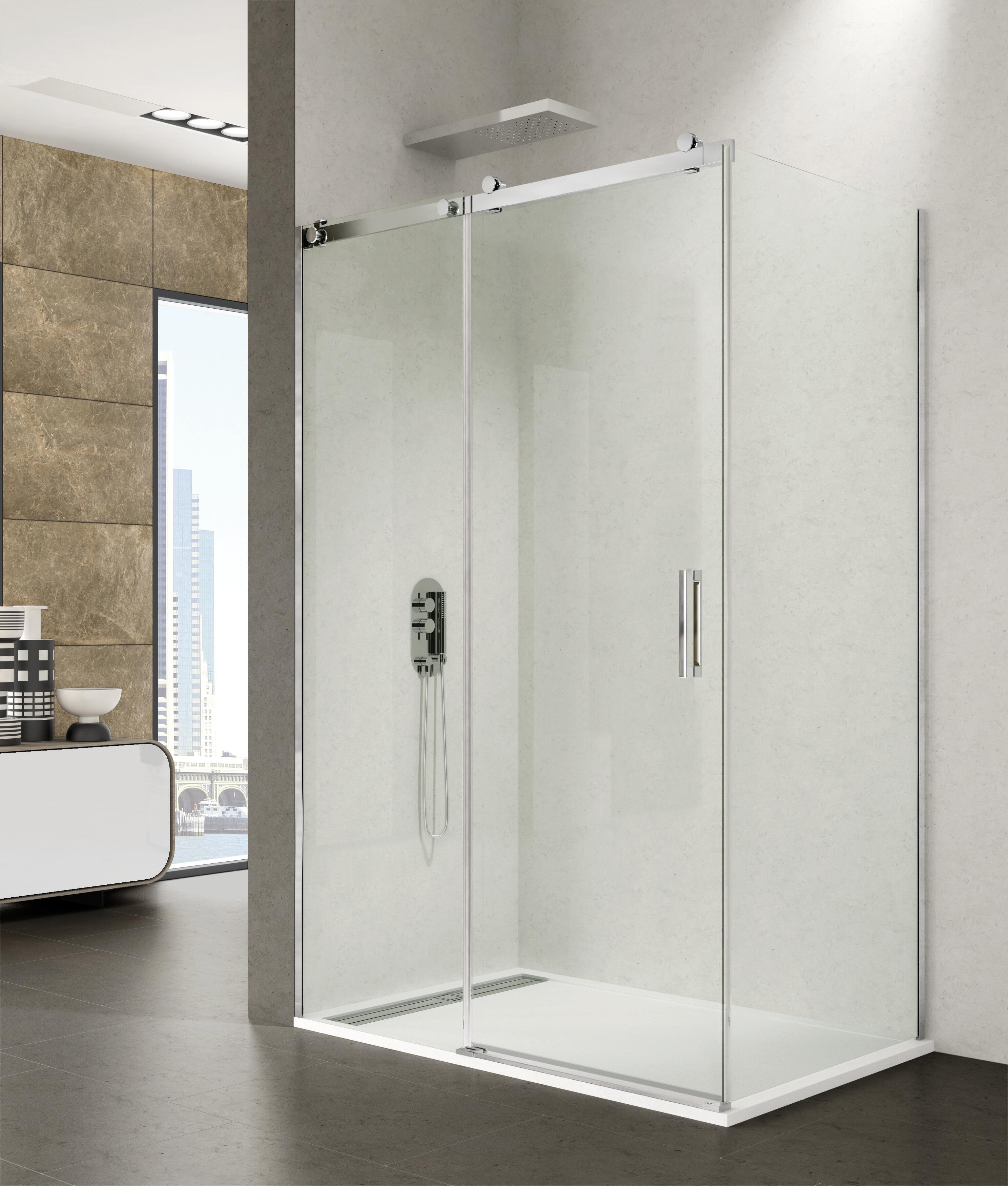 Mampara frontal y fijo lateral steel transparente perfil cromado 180x195 cm