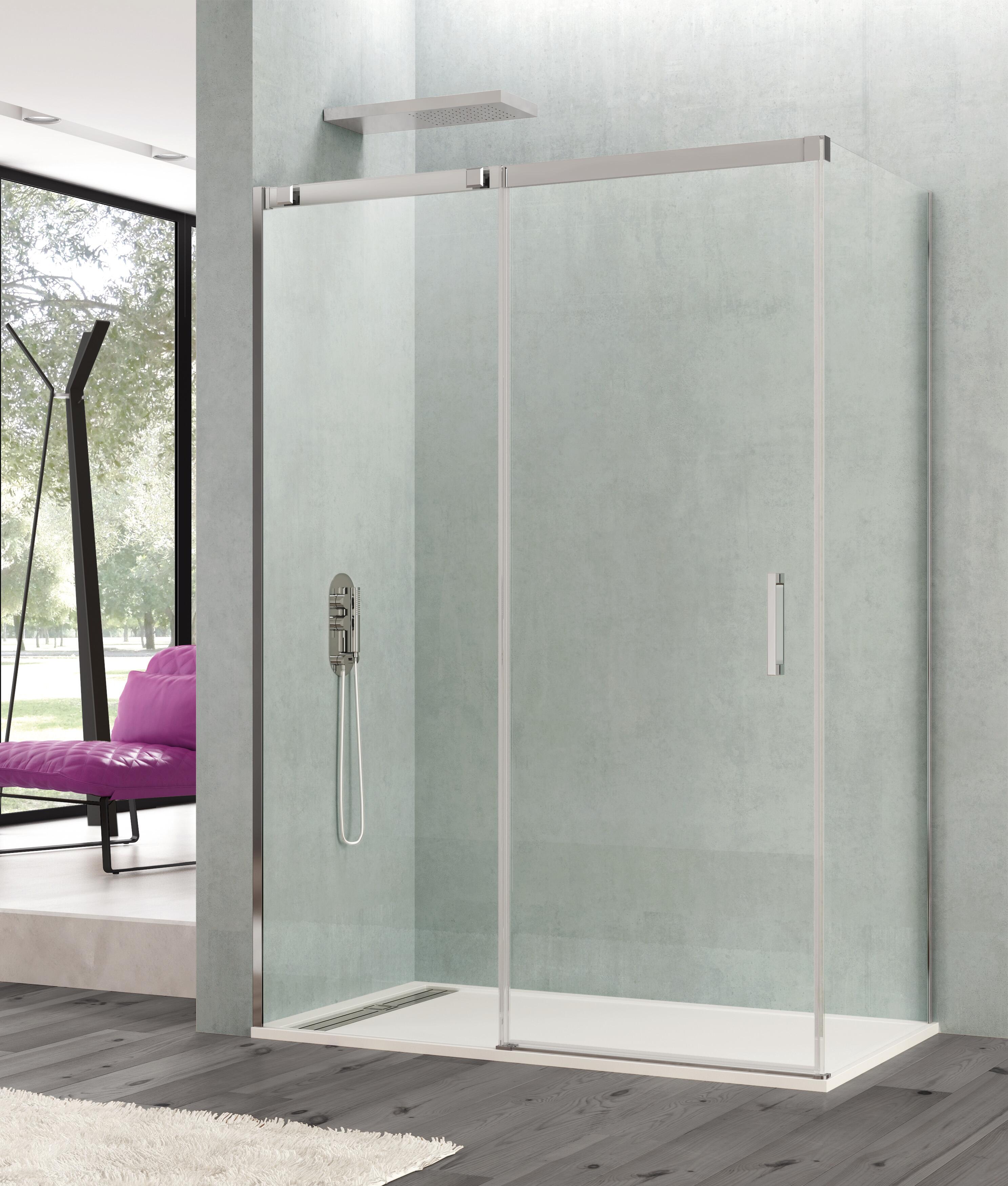 Mampara frontal y fijo lateral steel transparente perfil cromado 100x195 cm