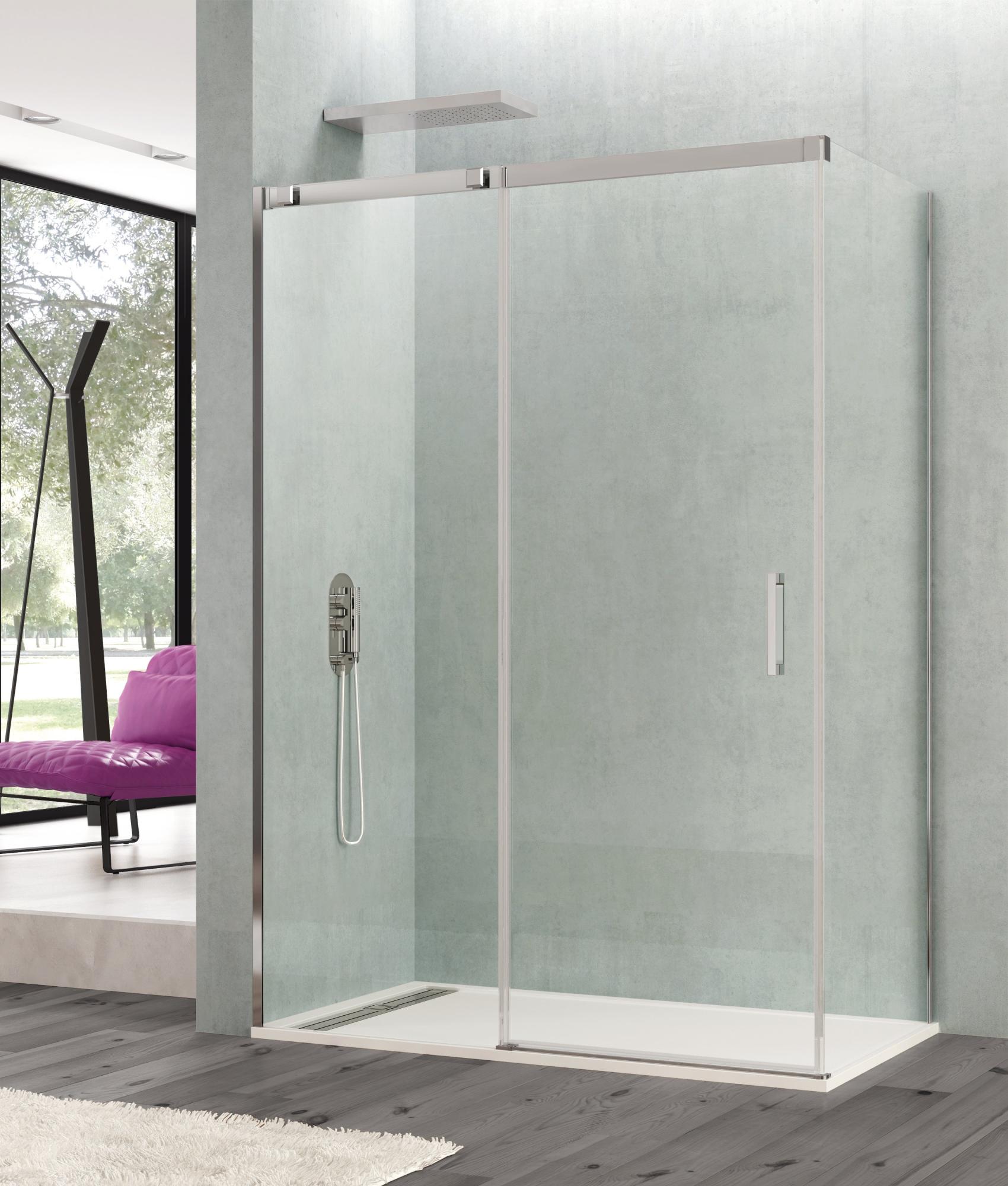 Mampara frontal y fijo lateral steel transparente perfil cromado 130x195 cm