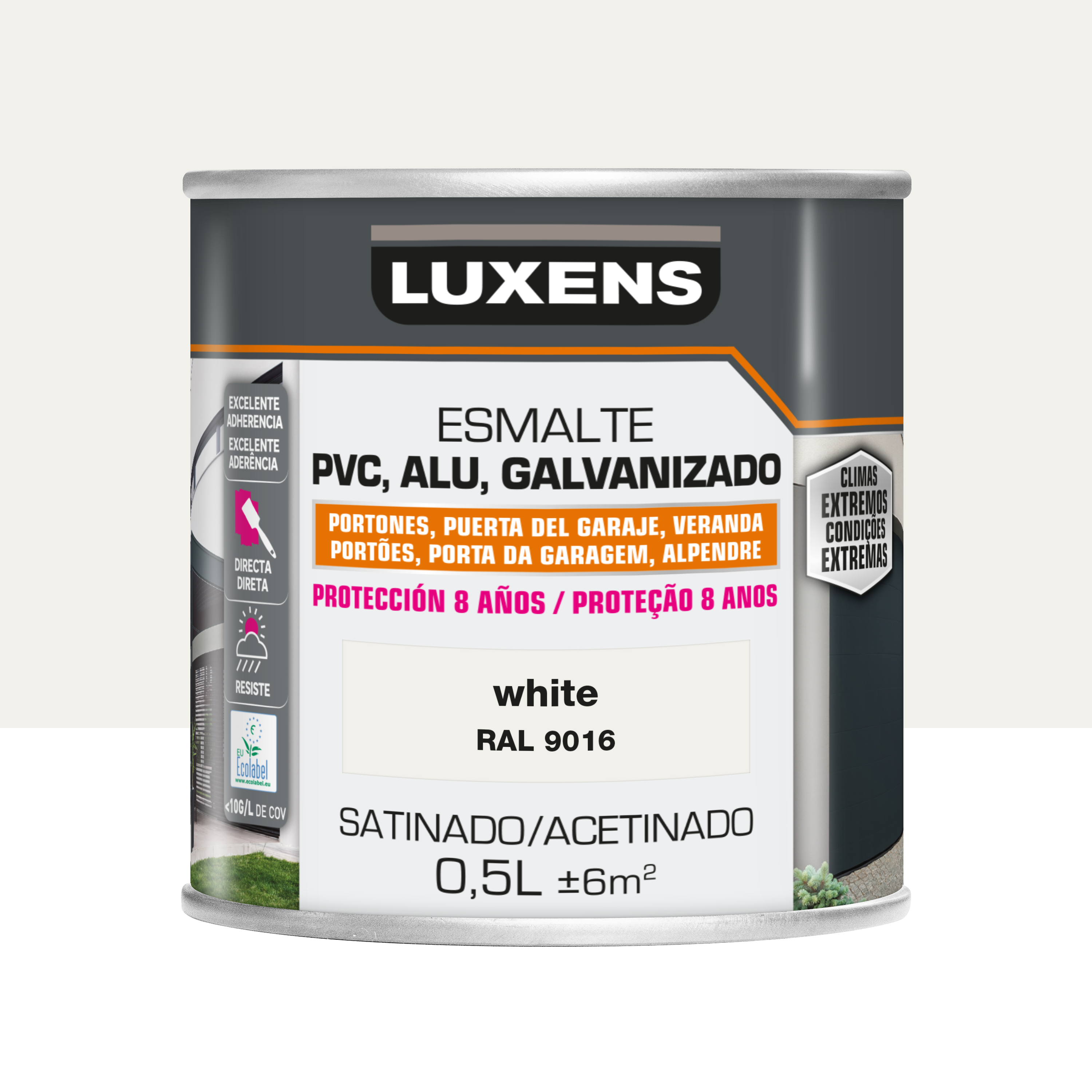 Pintura para pvc, aluminio, galvanizdo al agua satinado luxens 500ml white