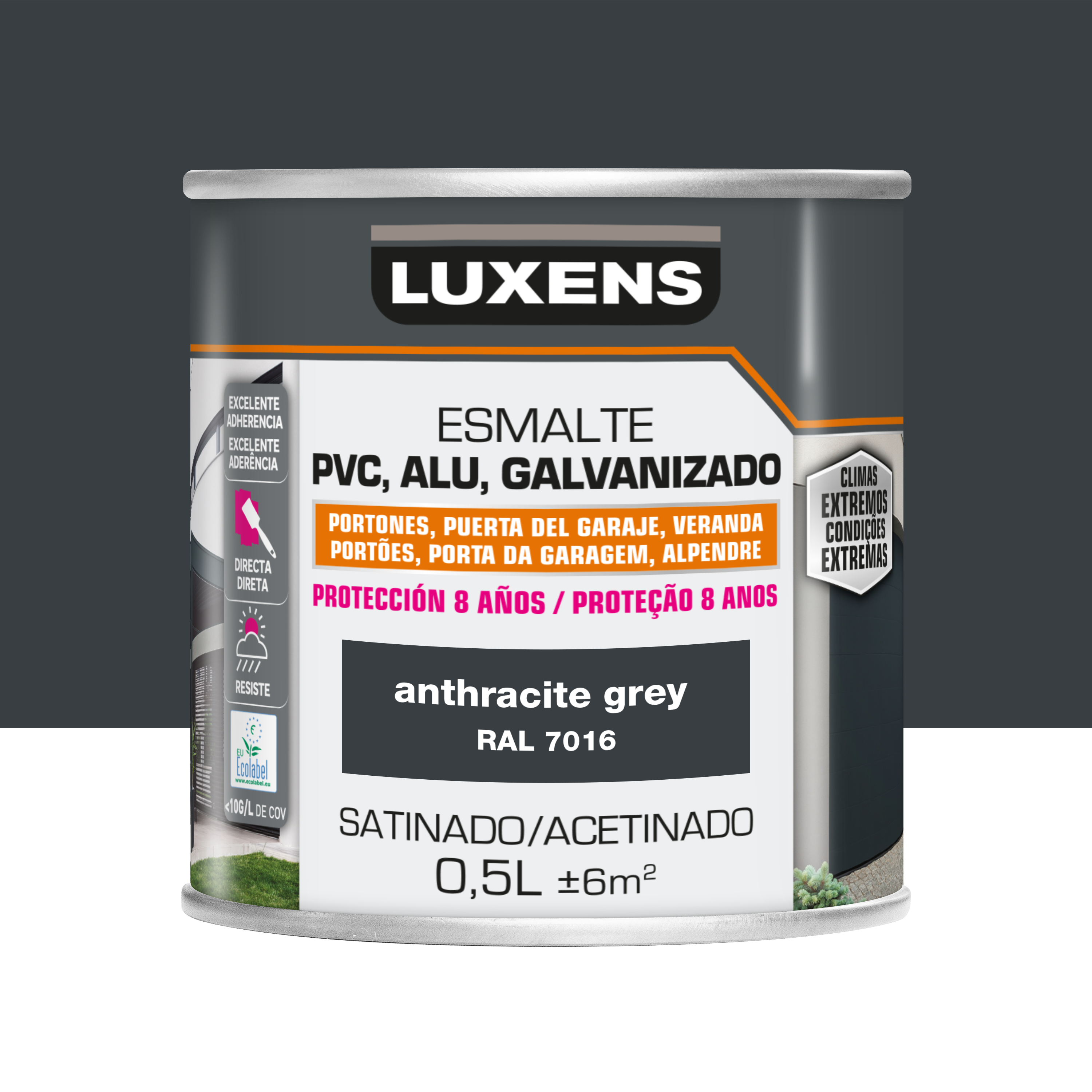 Pintura para pvc, aluminio, galvanizdo al agua satinado luxens 500ml grey
