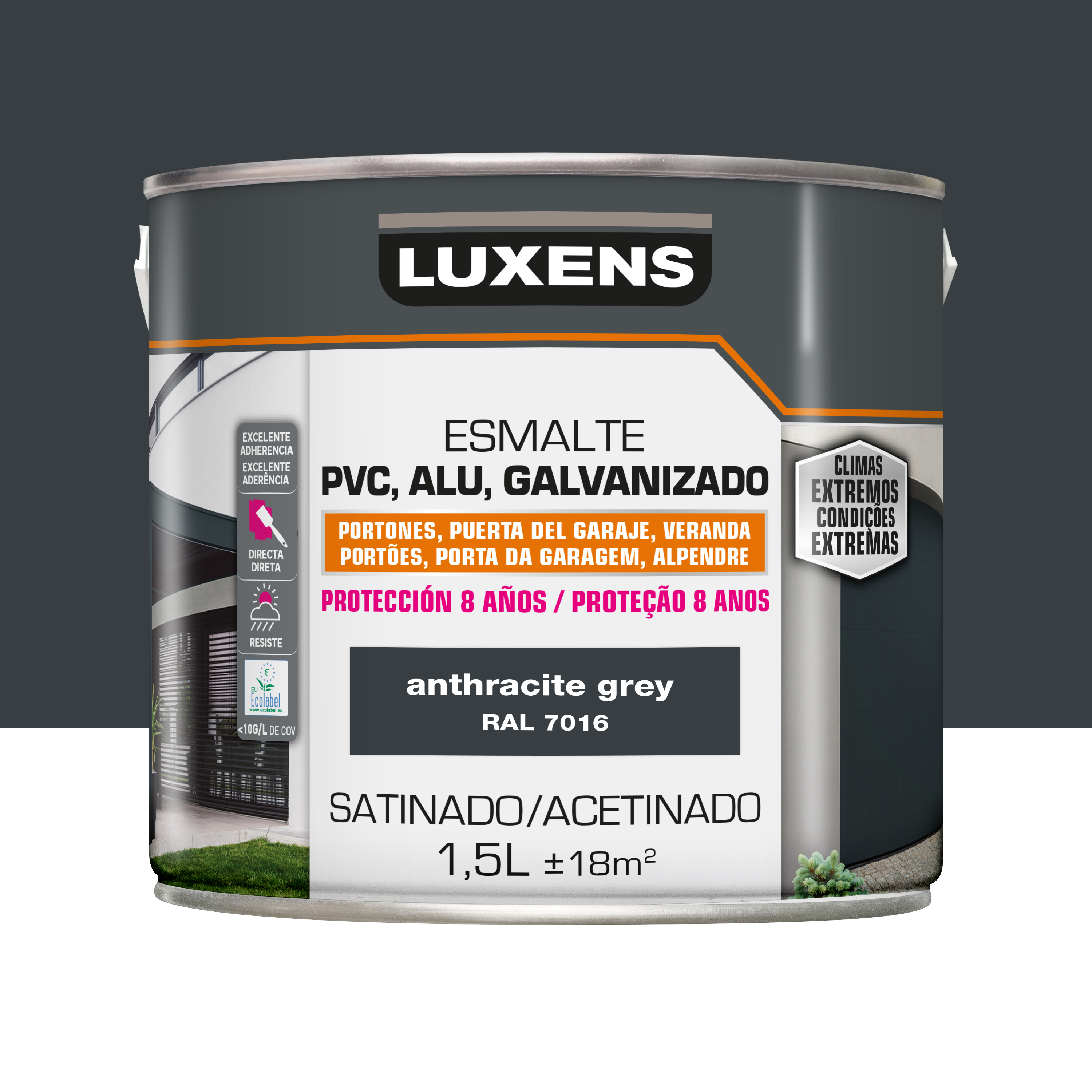 Pintura para pvc, aluminio, galvanizdo al agua satinado luxens 1.5l grey