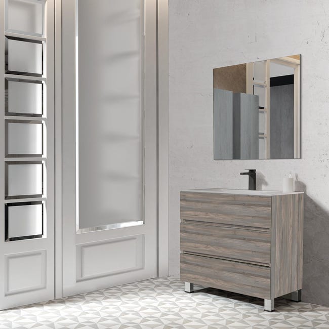 novedad En la madrugada Leopardo Mueble de baño con lavabo y espejo Luna blanco 80x45 cm | Leroy Merlin